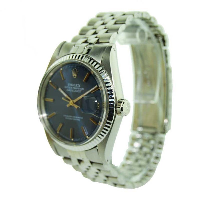 Women's or Men's Rolex Steel Blue Dial Datejust Watch, Early 1970's For Sale