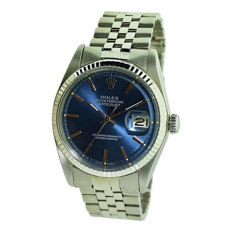 Rolex Steel Blue Dial Datejust Watch, Early 1970's For Sale 1