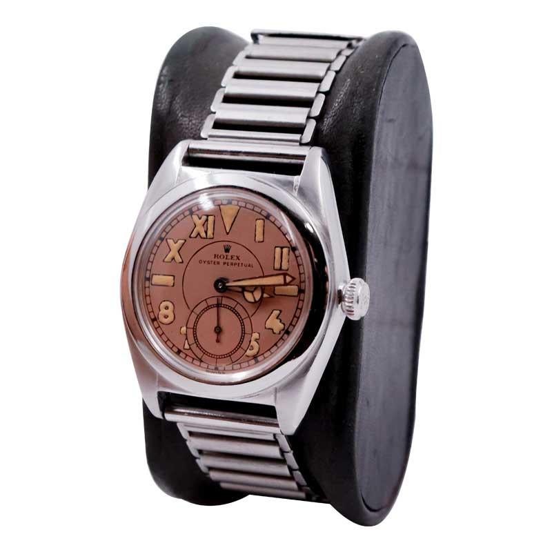 Modernist Rolex Steel Bubble Back with Romabic Dial 1940's with Original Ladder Bracelet