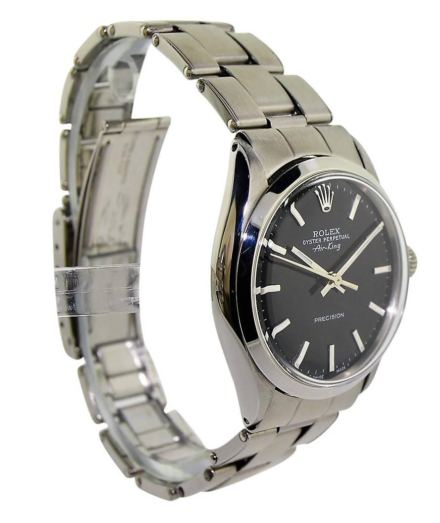 Women's or Men's Rolex Steel Classic Air King with Rare Black Dial, circa 1968