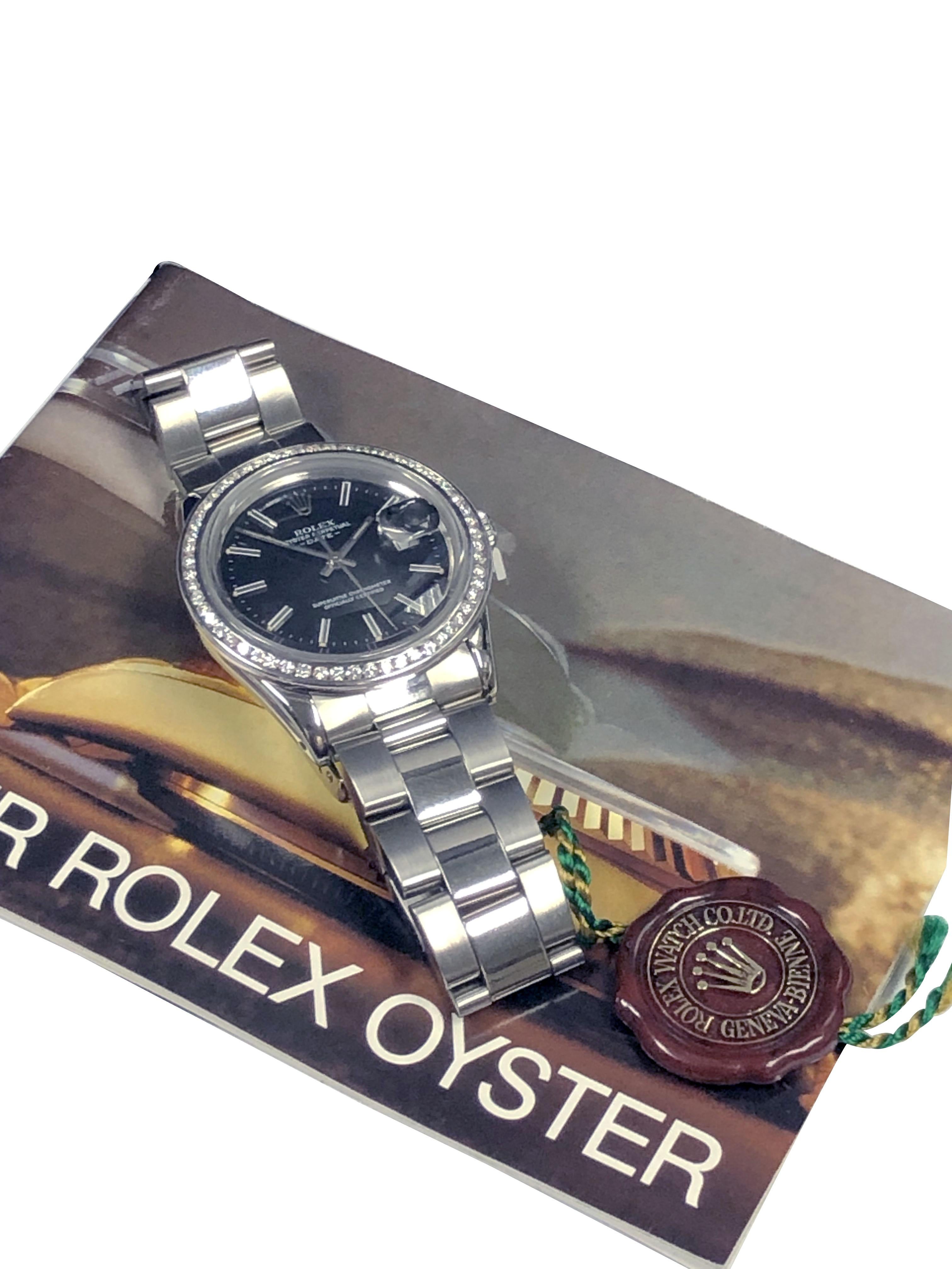 Rolex Steel Date Model Automatic Wrist Watch with Diamond Bezel In Excellent Condition For Sale In Chicago, IL