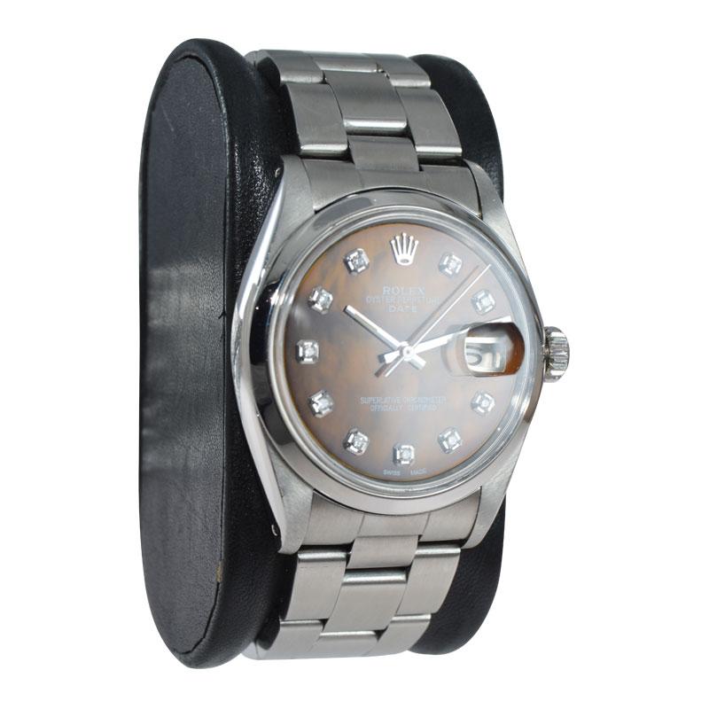 Modern Rolex Steel Oyster Perpetual Date with Custom Mother of Pearl Diamond Dial 1960s For Sale