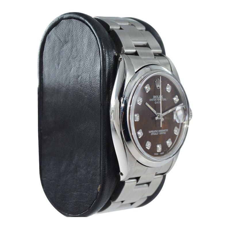 Round Cut Rolex Steel Oyster Perpetual Date with Custom Mother of Pearl Diamond Dial 1960s For Sale