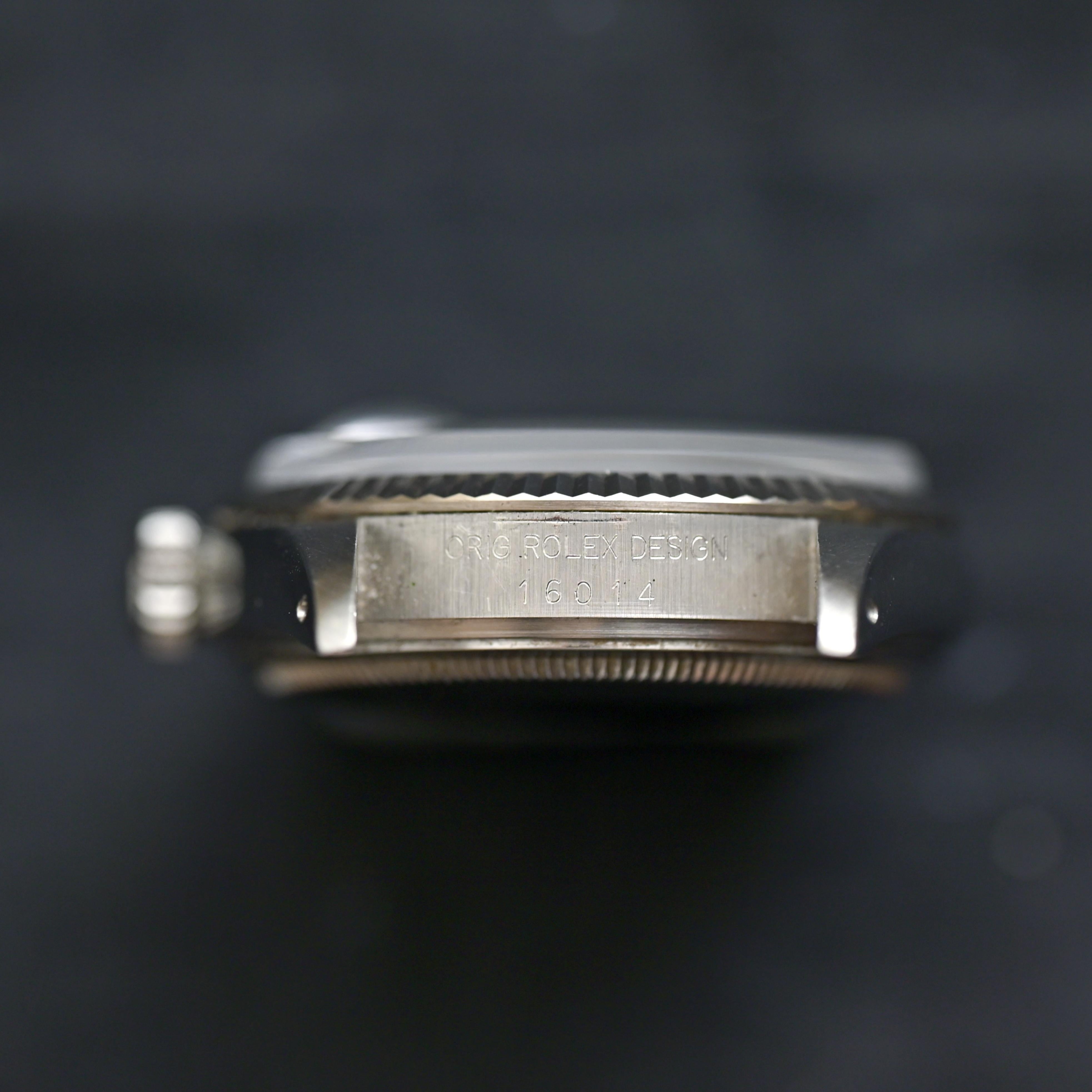 Marque : Vintage Rolex
Modèle : 16014
Année : 1984
Numéro de série : 85xxxxx

Référence : C04690

Boîtier : 36 mm de diamètre sans couronne ; montre des signes d'usure avec un léger polissage ; le fond du boîtier est estampillé 16000.

Cadran :