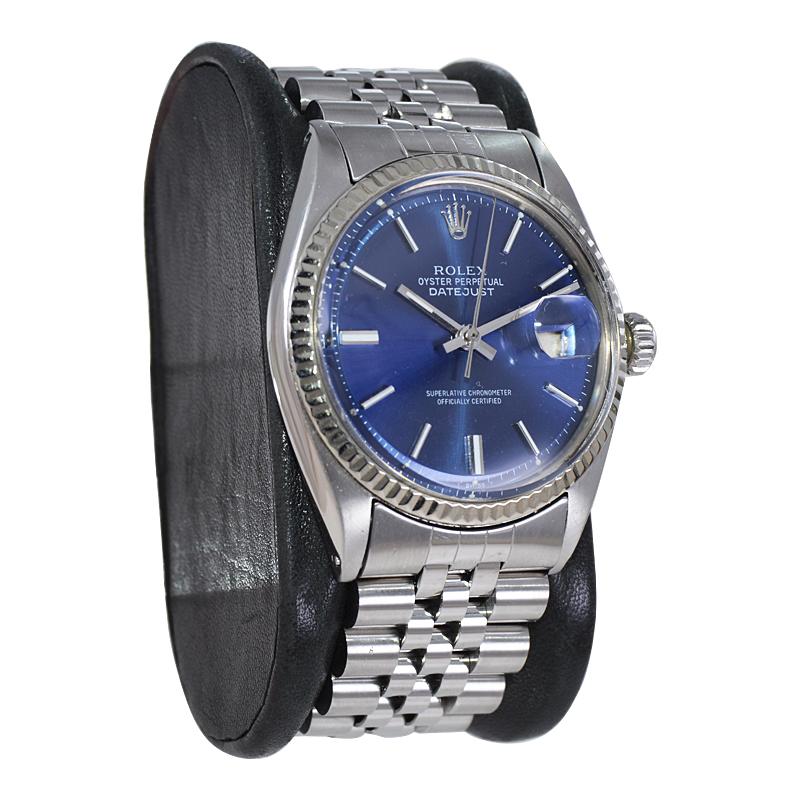 Rolex Stahl Datejust mit klassischem blauem Original-Zifferblatt aus den frühen 1970er Jahren für Damen oder Herren