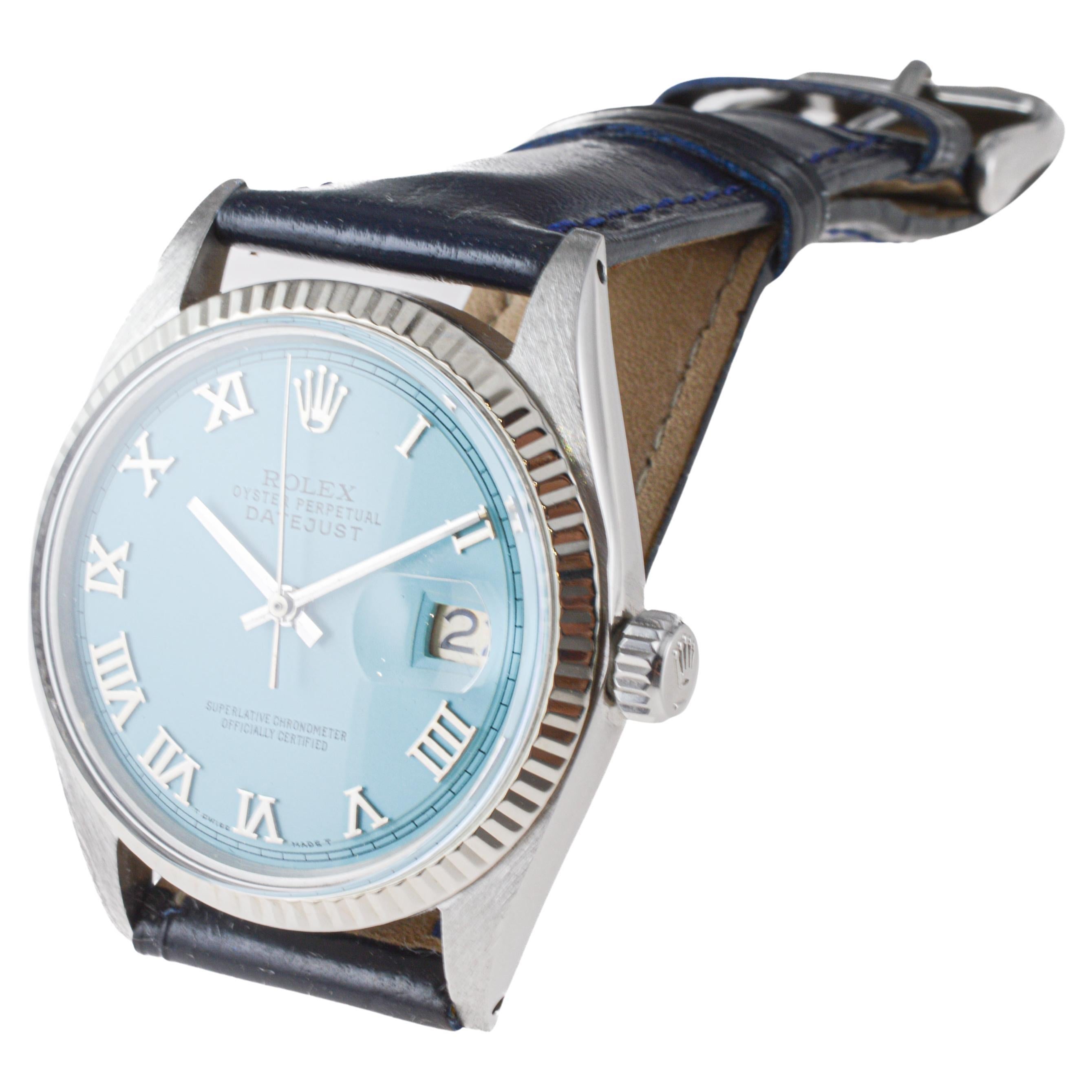 Rolex Steel Datejust with Custom Blue Dial circa, 1960's Patent Leather Strap For Sale 5