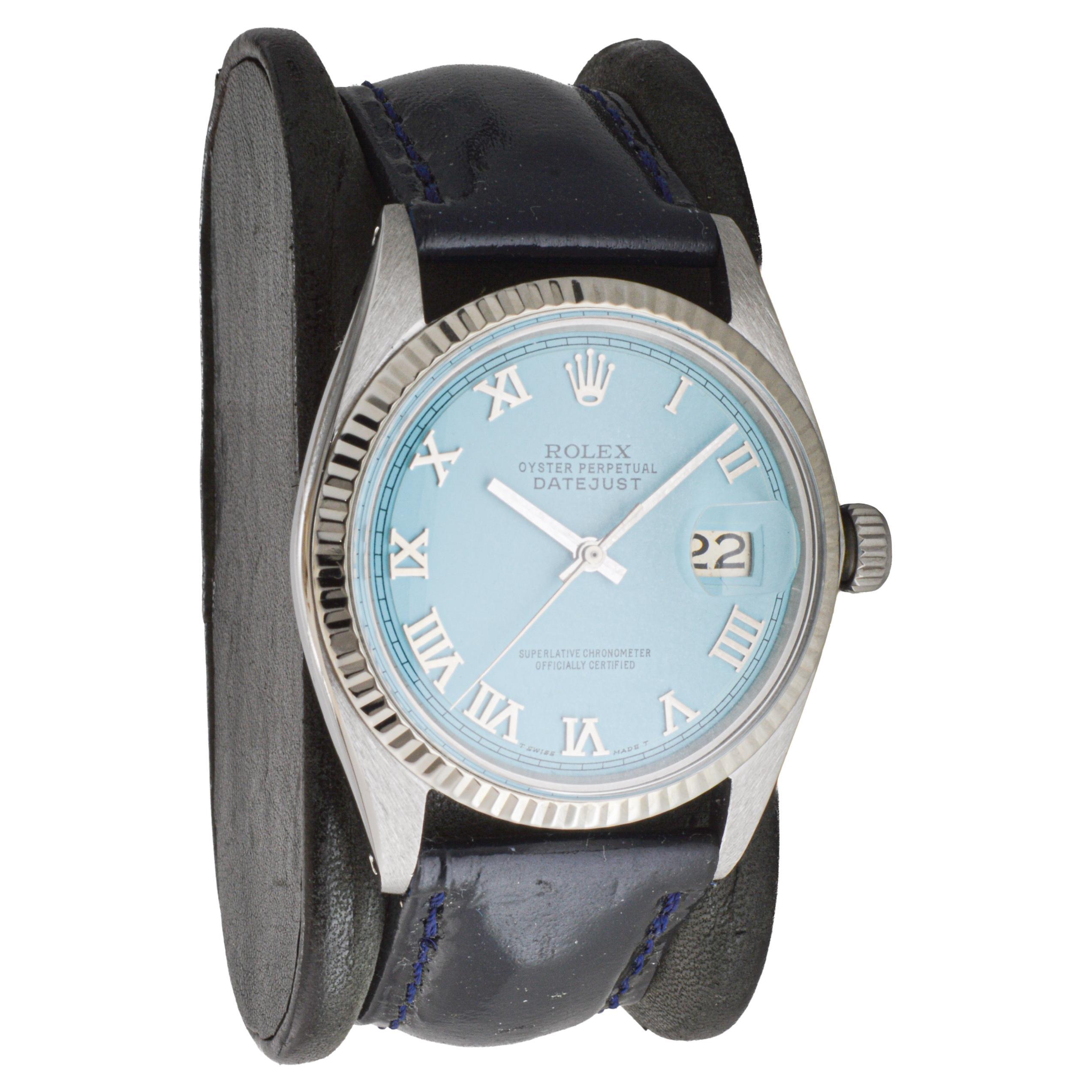 Modern Rolex Steel Datejust with Custom Blue Dial circa, 1960's Patent Leather Strap For Sale