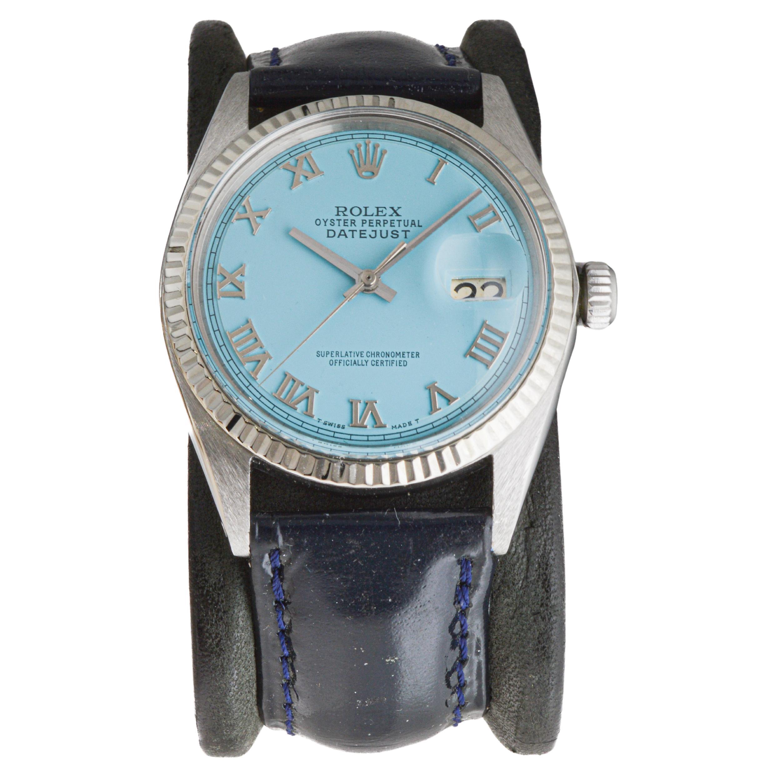 Rolex Steel Datejust with Custom Blue Dial circa, 1960's Patent Leather Strap In Excellent Condition For Sale In Long Beach, CA