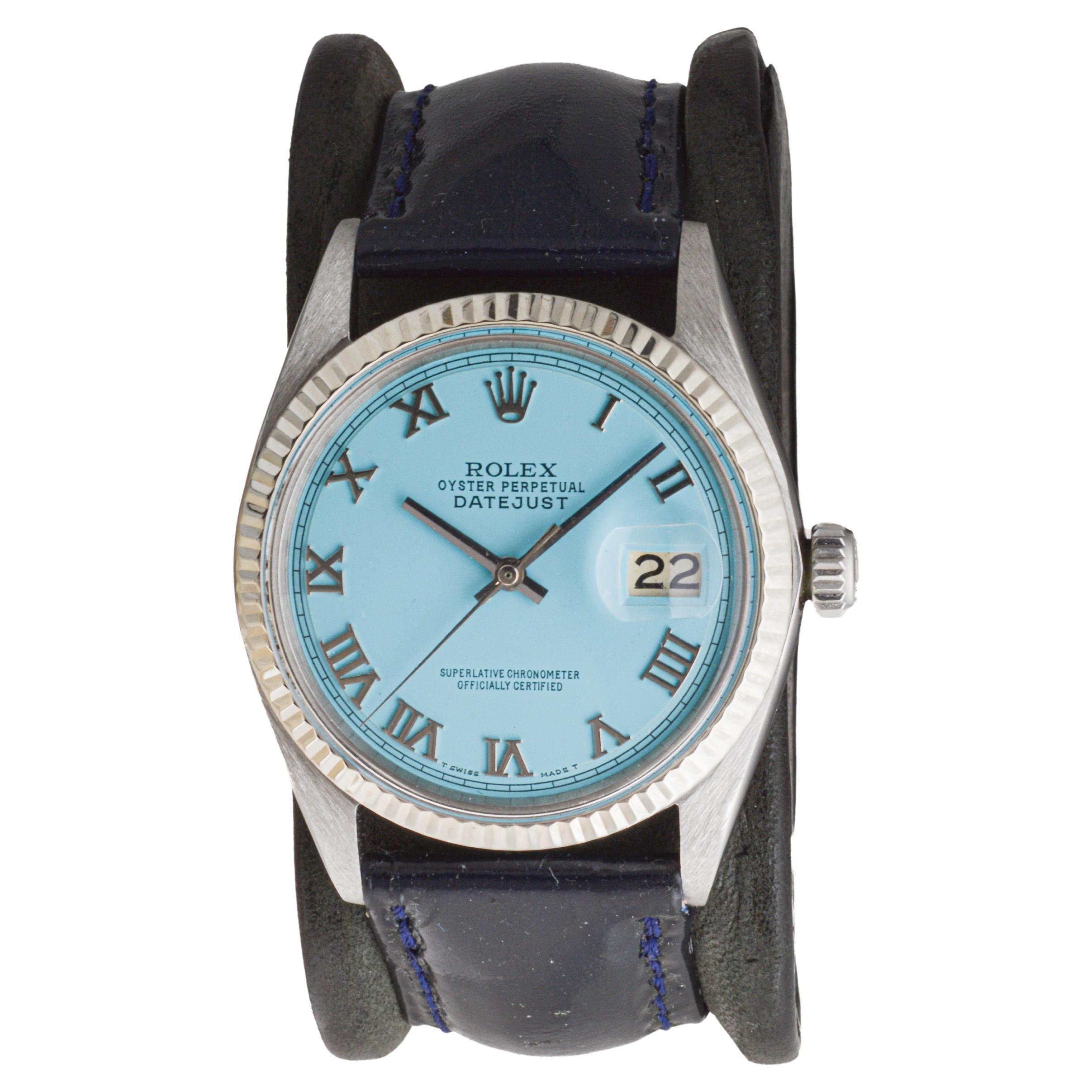 Women's or Men's Rolex Steel Datejust with Custom Blue Dial circa, 1960's Patent Leather Strap For Sale