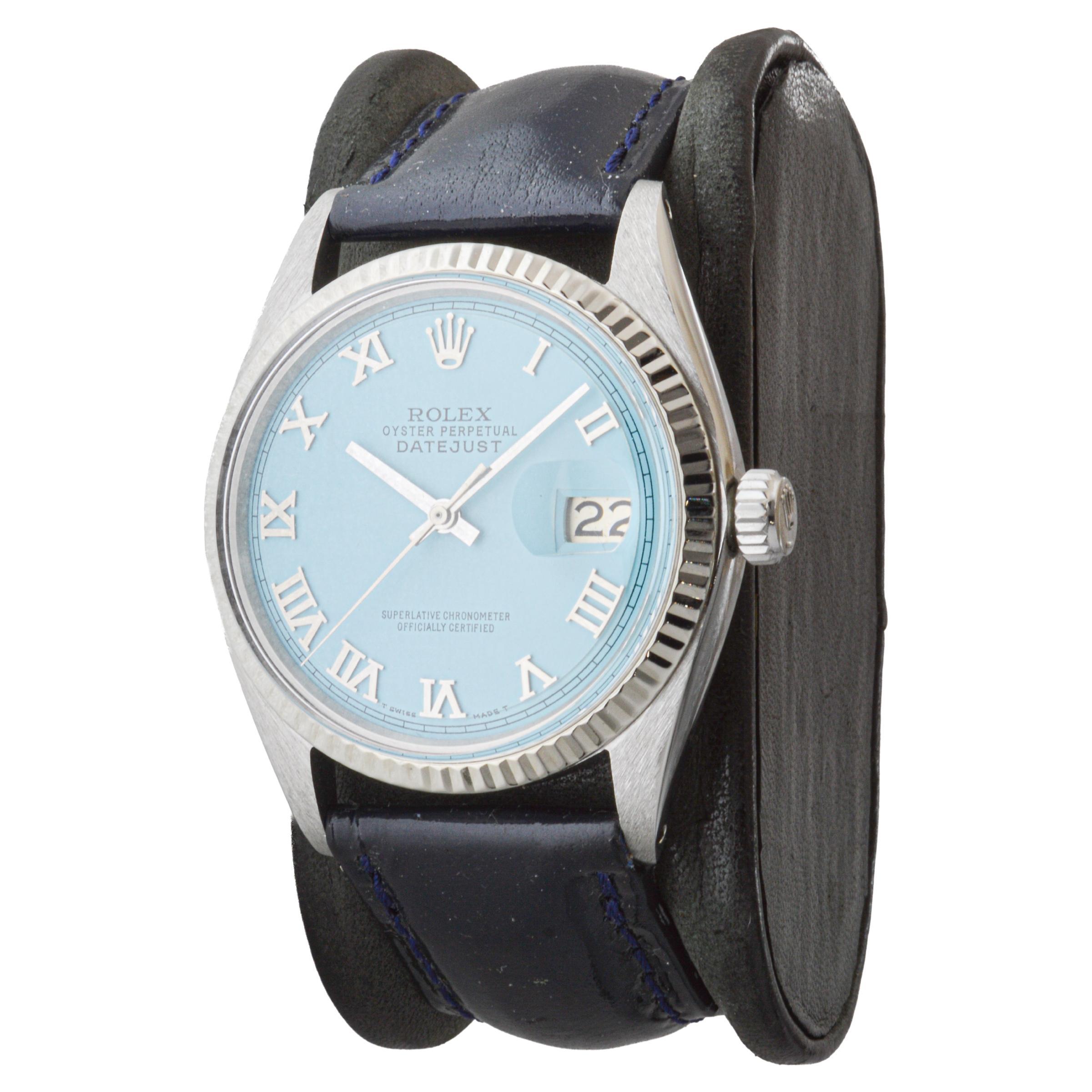 Rolex Steel Datejust with Custom Blue Dial circa, 1960's Patent Leather Strap For Sale 1