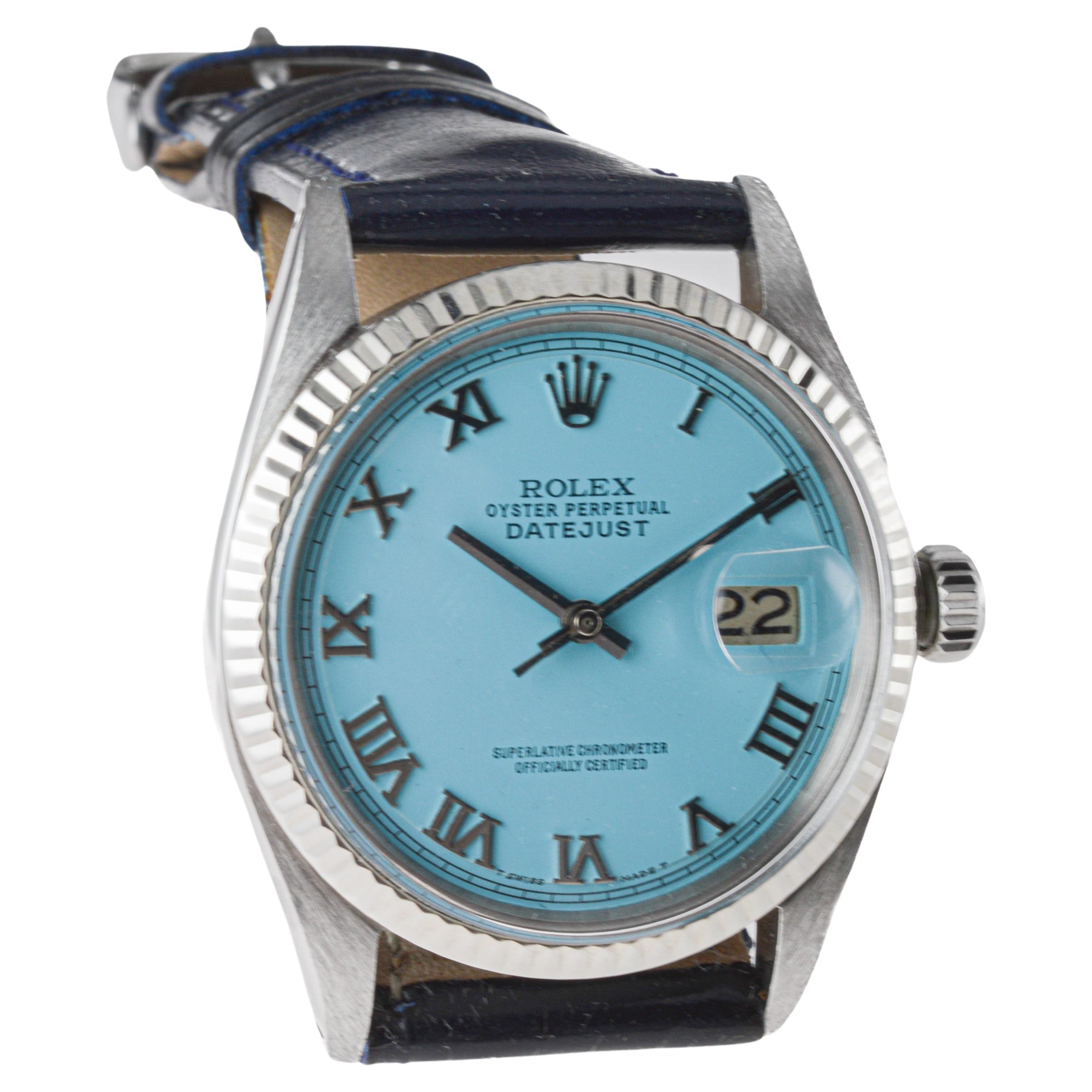 Rolex Steel Datejust with Custom Blue Dial circa, 1960's Patent Leather Strap For Sale 3