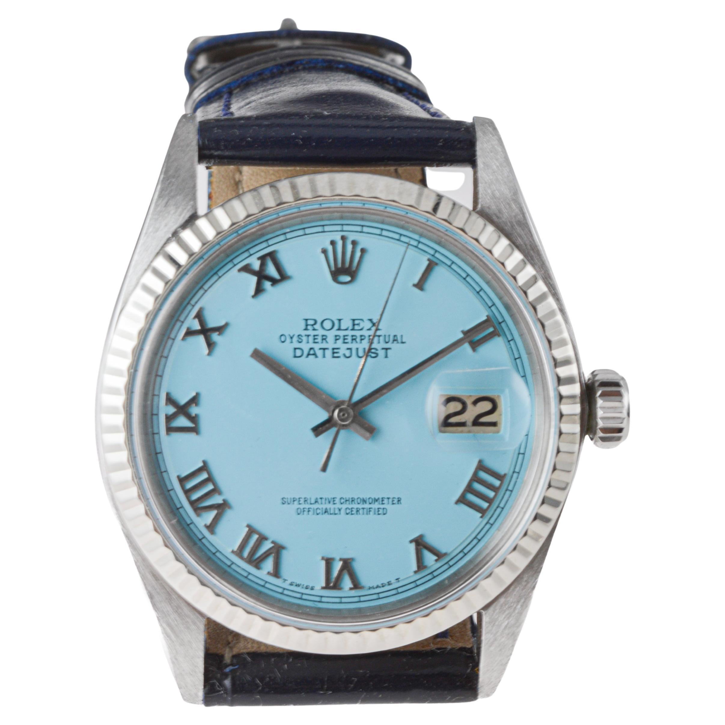 Rolex Steel Datejust with Custom Blue Dial circa, 1960's Patent Leather Strap For Sale 4
