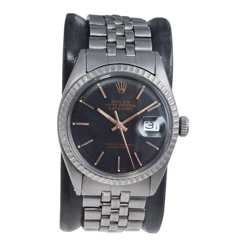 Modern Rolex Steel Datejust with Custom Carbonized Finish Unusual Custom Dial, 1960's For Sale