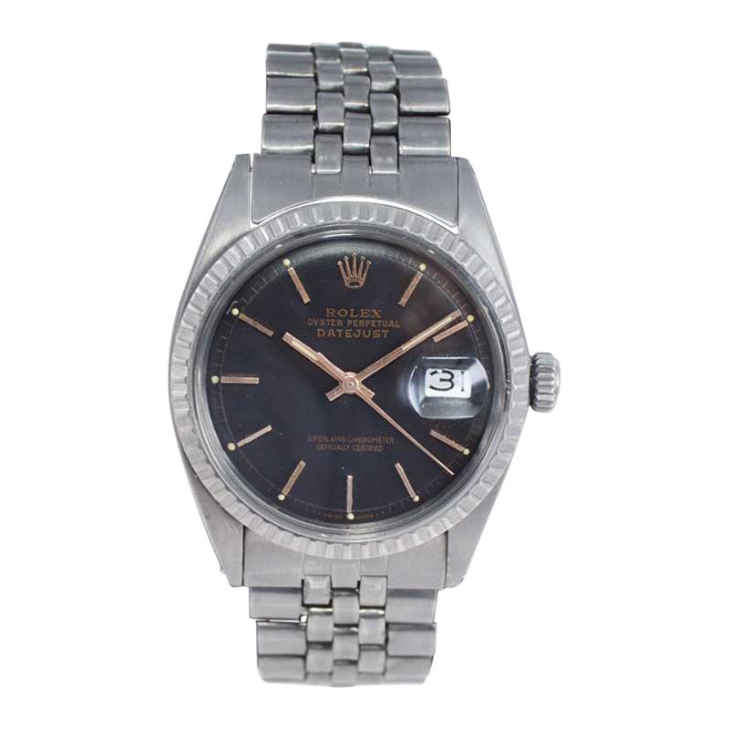 Rolex Montre Datejust en acier avec finition carbonisée sur mesure et cadran sur mesure, années 1960 en vente