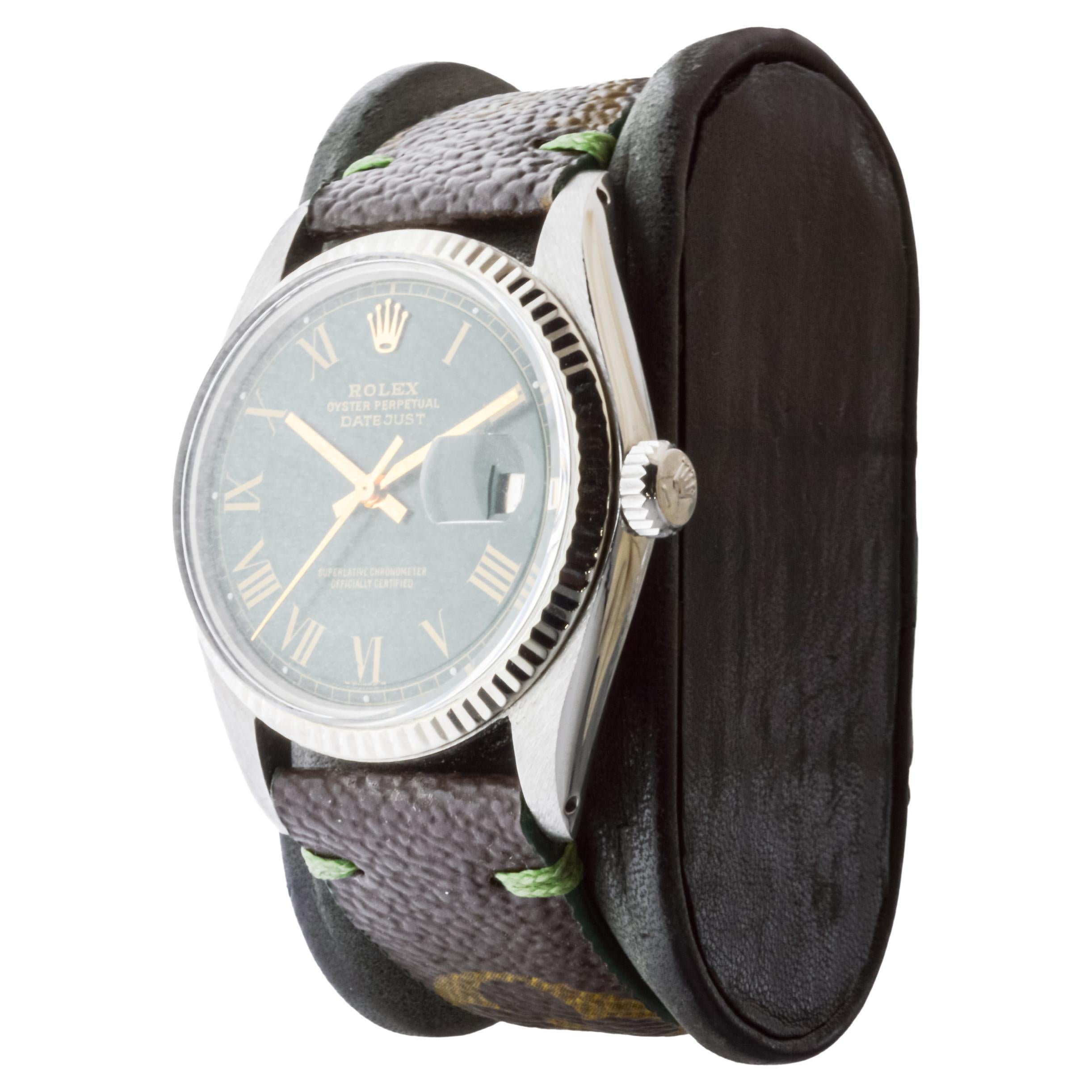 Rolex Stahl Datejust mit maßgefertigtem Zifferblatt und Louis Vuitton Custom Riemen ca. 1970er Jahre im Zustand „Hervorragend“ im Angebot in Long Beach, CA