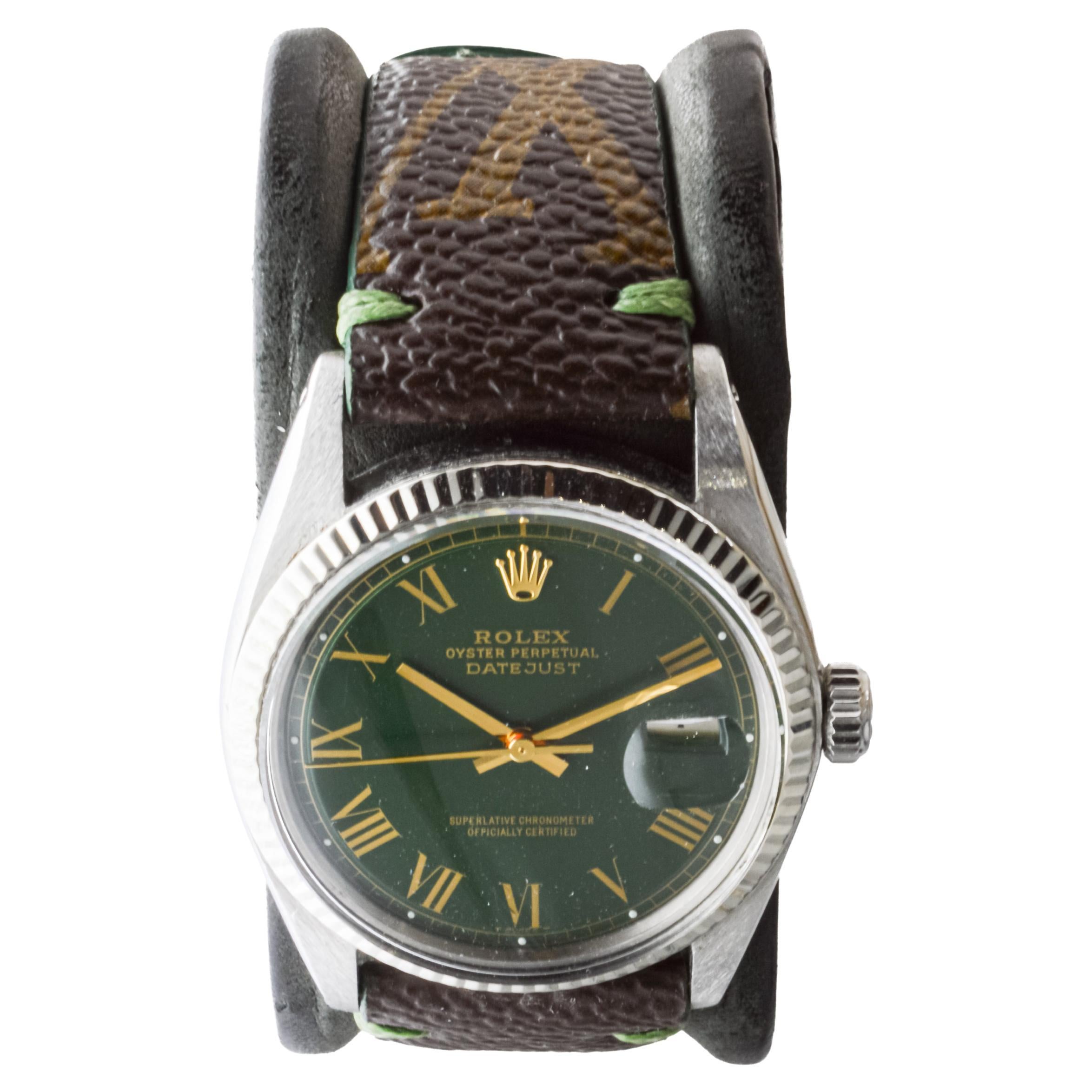 Rolex Datejust in acciaio con quadrante personalizzato e cinturino personalizzato Louis Vuitton, anni '70 ca.