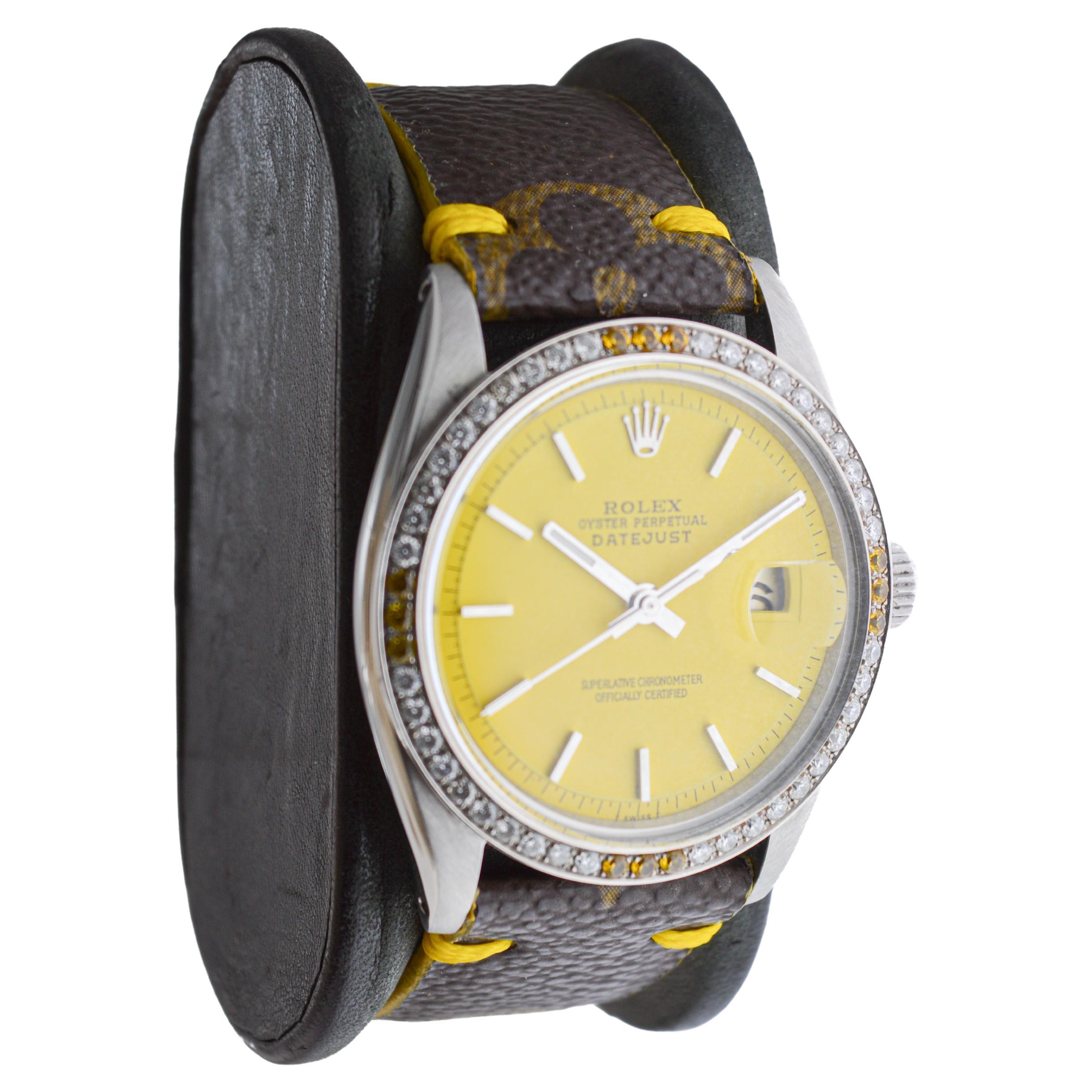 Moderno Rolex Datejust in acciaio con quadrante e lunetta personalizzati e cinturino Hand Made Vuitton 1960's in vendita