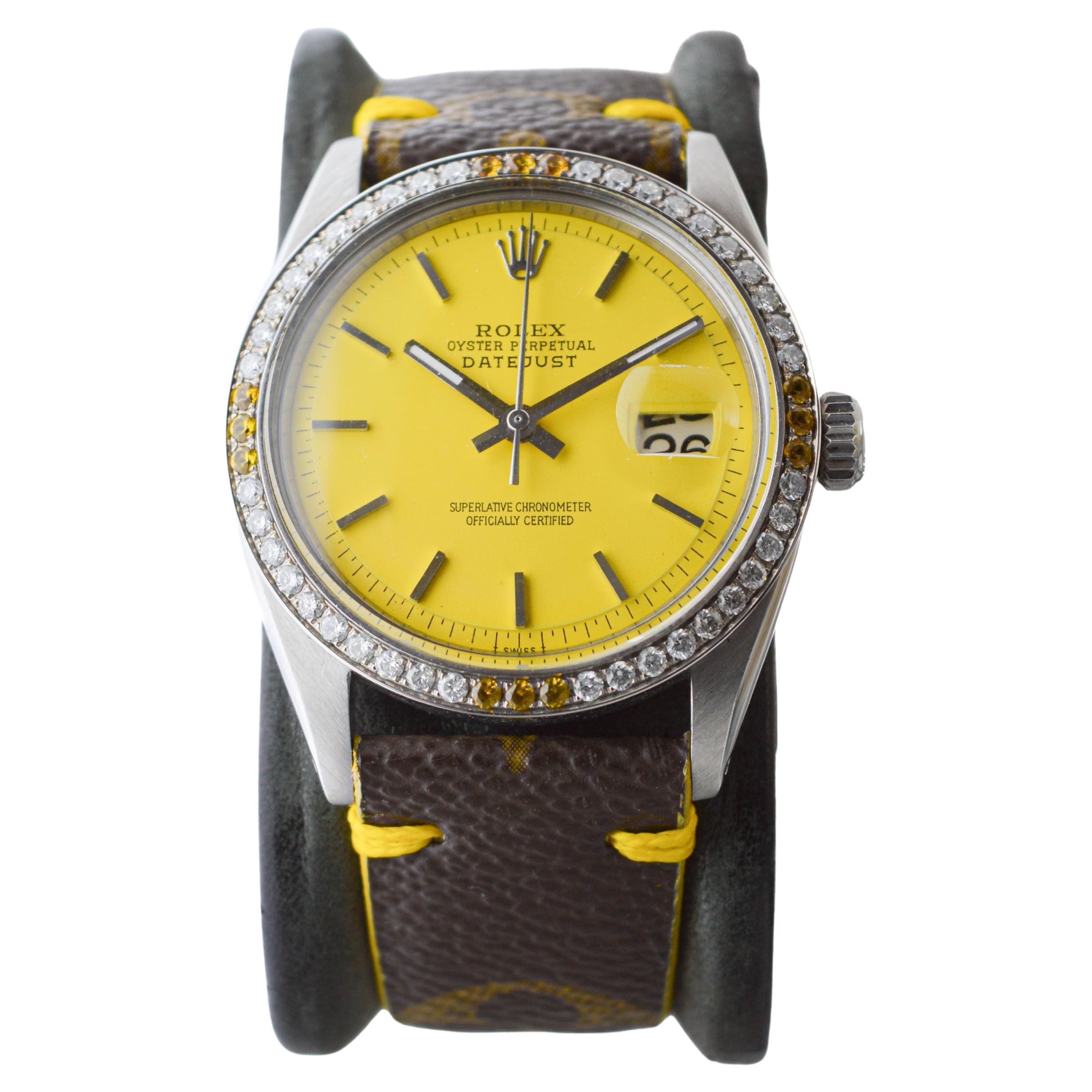 Rolex Datejust in acciaio con quadrante e lunetta personalizzati e cinturino Hand Made Vuitton 1960's In condizioni ottime in vendita a Long Beach, CA