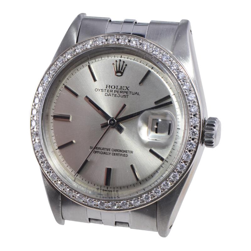 Women's or Men's Rolex Steel Datejust with Custom Diamond Bezel and Original Dial from 1970's For Sale