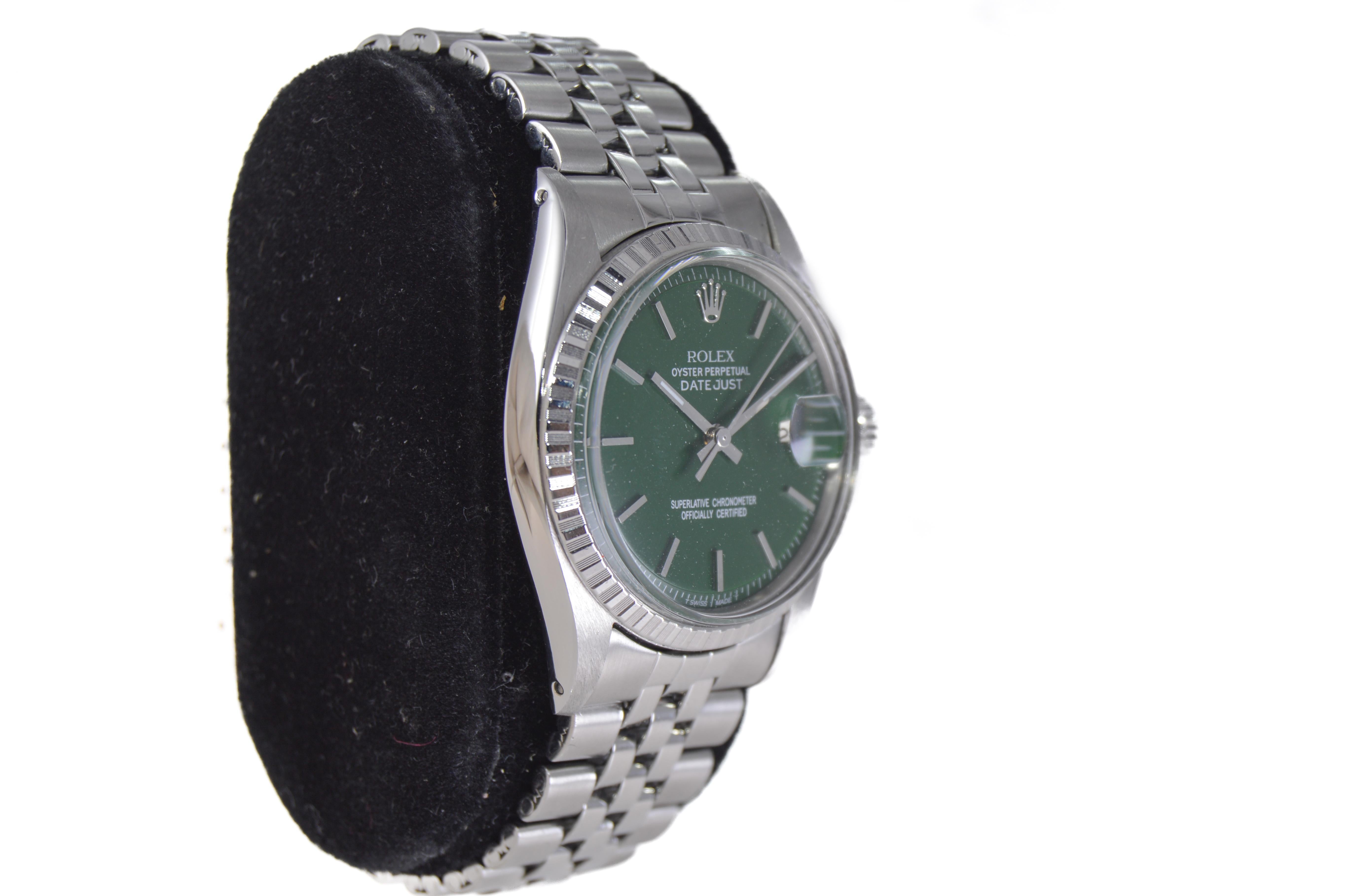 Moderne Rolex Montre Datejust en acier avec cadran vert fini sur-mesure, années 1970 en vente
