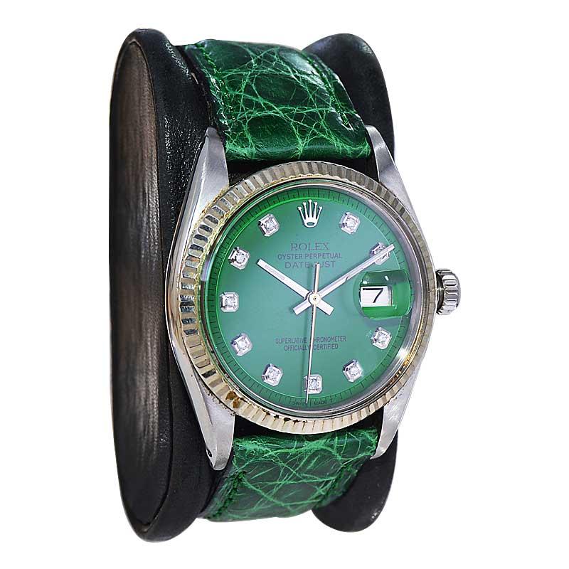 Moderniste Rolex Montre Datejust en acier avec cadran en diamant vert avec finition personnalisée, années 1960/70 en vente