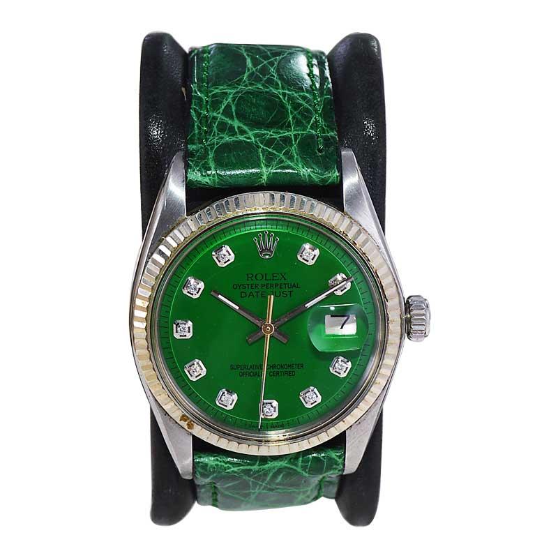 Rolex Montre Datejust en acier avec cadran en diamant vert avec finition personnalisée, années 1960/70 Excellent état - En vente à Long Beach, CA