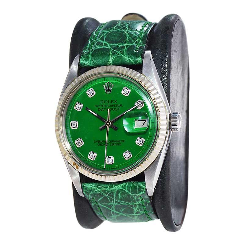 Rolex Montre Datejust en acier avec cadran en diamant vert avec finition personnalisée, années 1960/70 Unisexe en vente