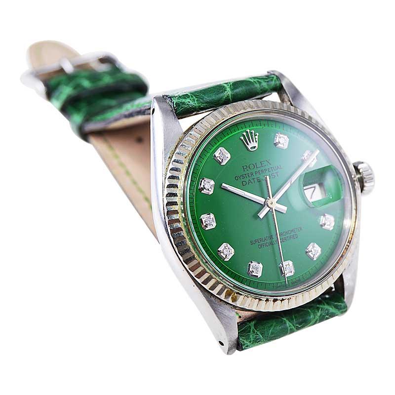 Modernist Rolex Steel Datejust with Custom Finished Green Diamond Dial from 1960's / 70's For Sale
