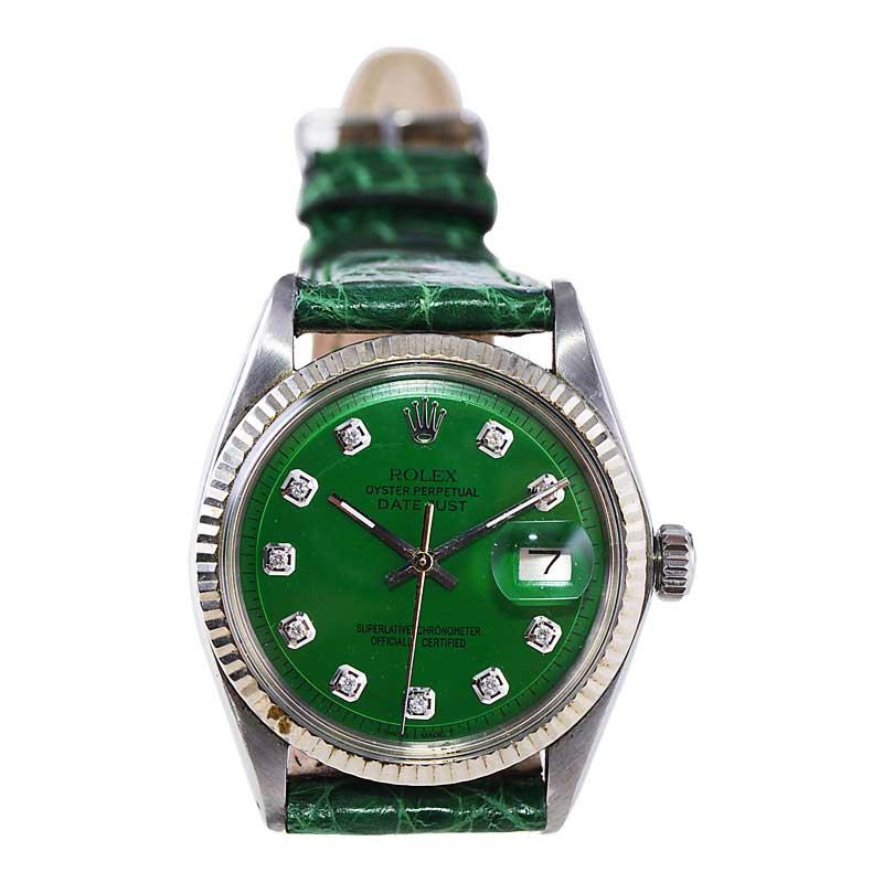 Rolex Steel Datejust with Custom Finished Green Diamond Dial from 1960's / 70's In Excellent Condition For Sale In Long Beach, CA