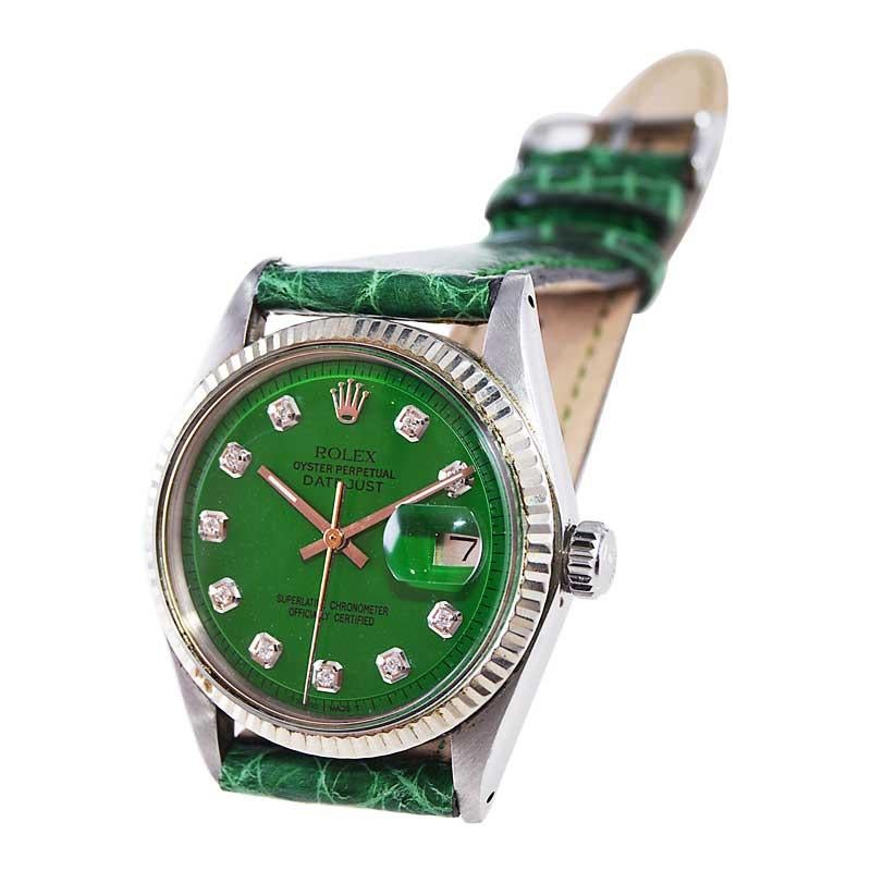 Women's or Men's Rolex Steel Datejust with Custom Finished Green Diamond Dial from 1960's / 70's For Sale