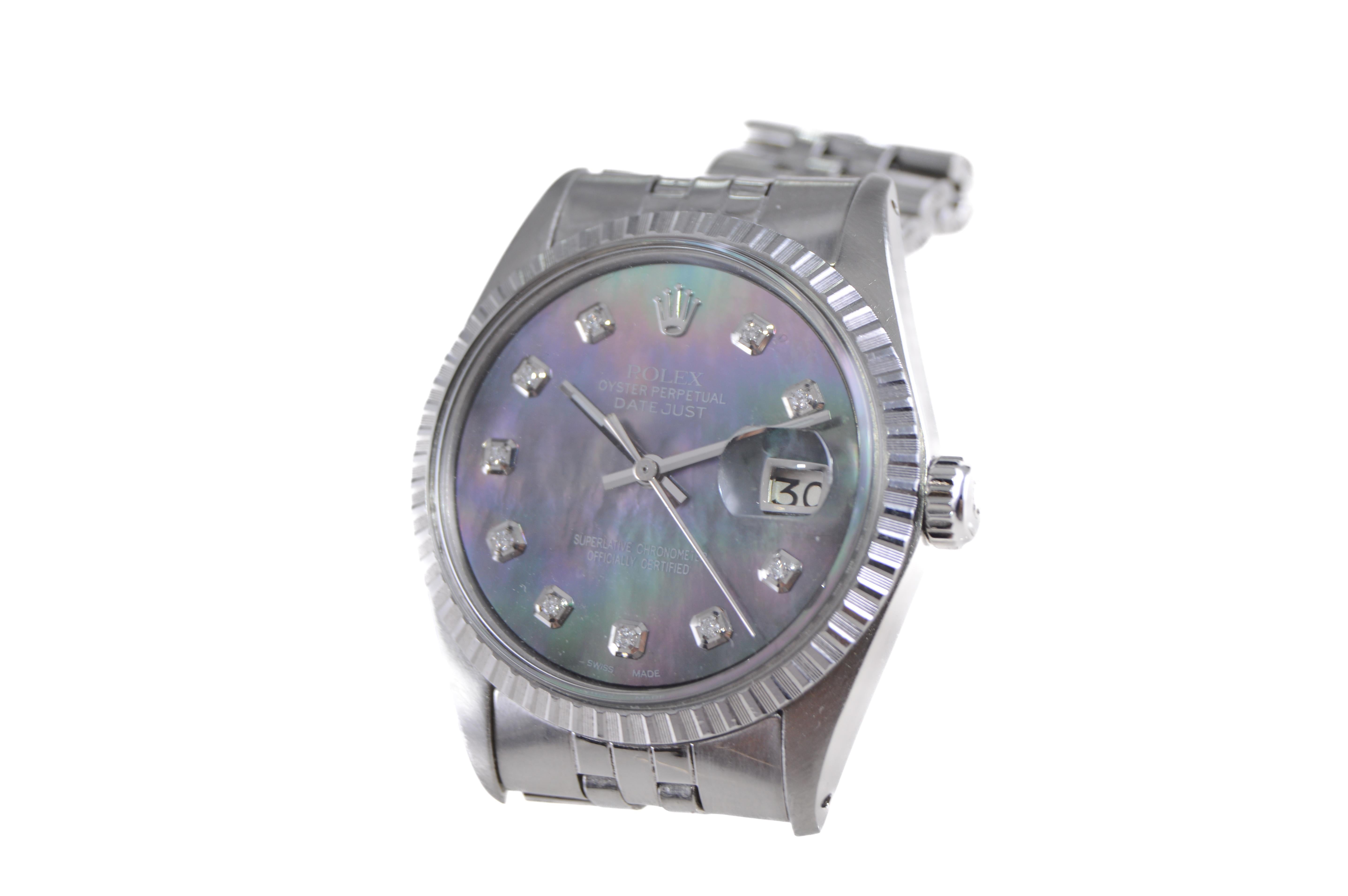 Women's or Men's Rolex Steel Datejust with Custom Finished Mother of Pearl Dial 1970s For Sale