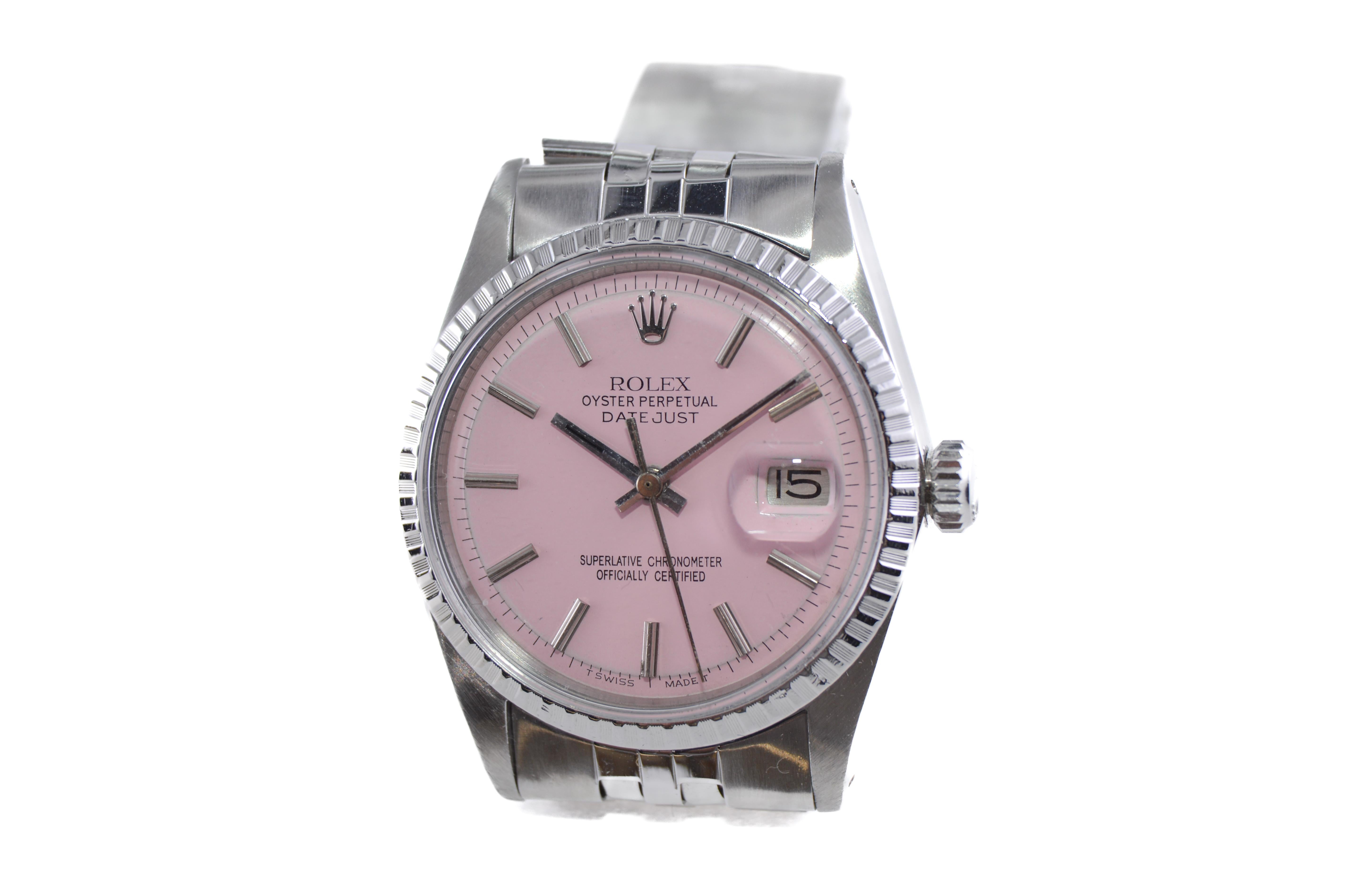 Rolex Steel Datejust with Custom Finished Pink Dial 1960s In Excellent Condition For Sale In Long Beach, CA