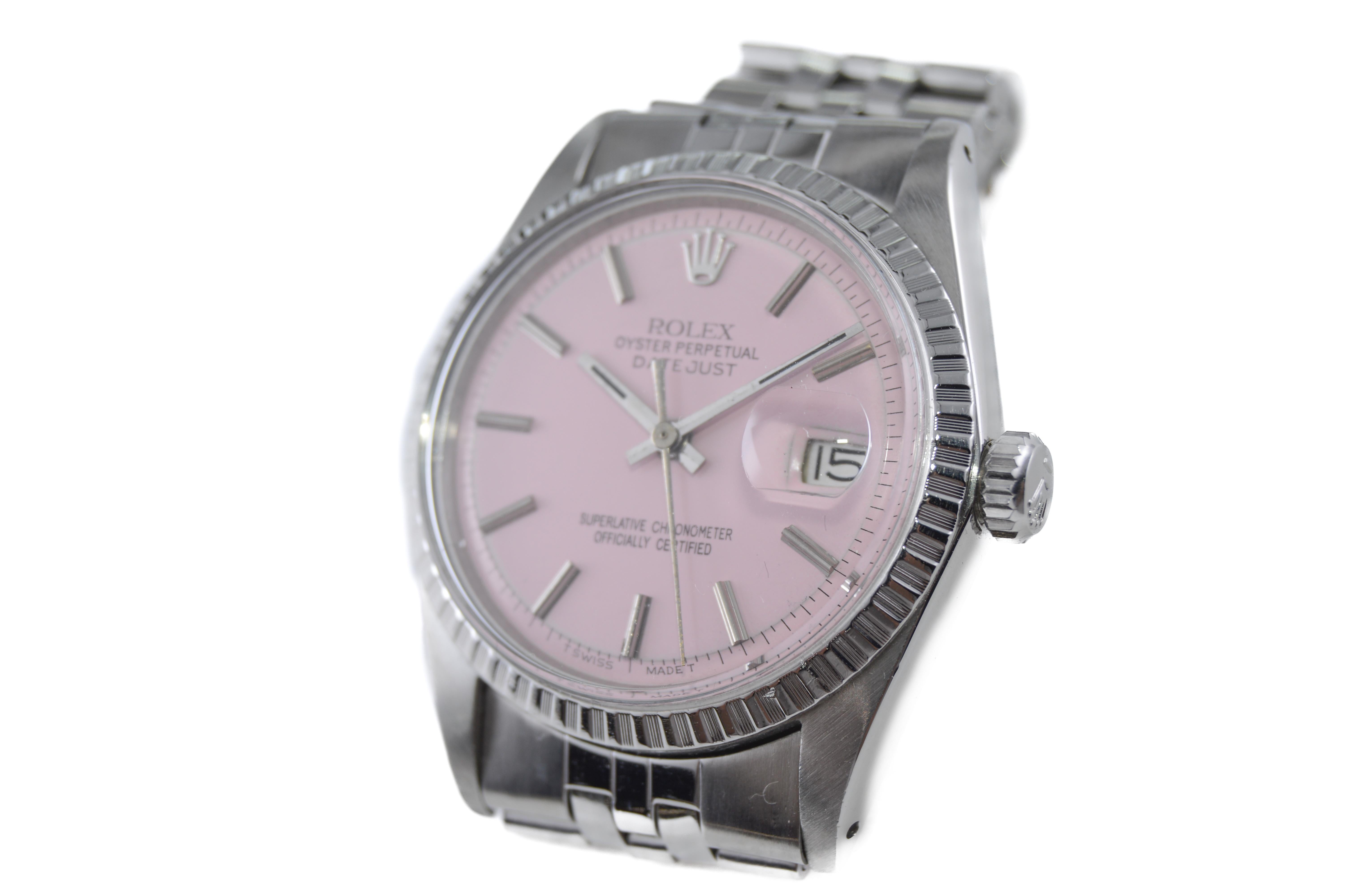 Women's or Men's Rolex Steel Datejust with Custom Finished Pink Dial 1960s For Sale