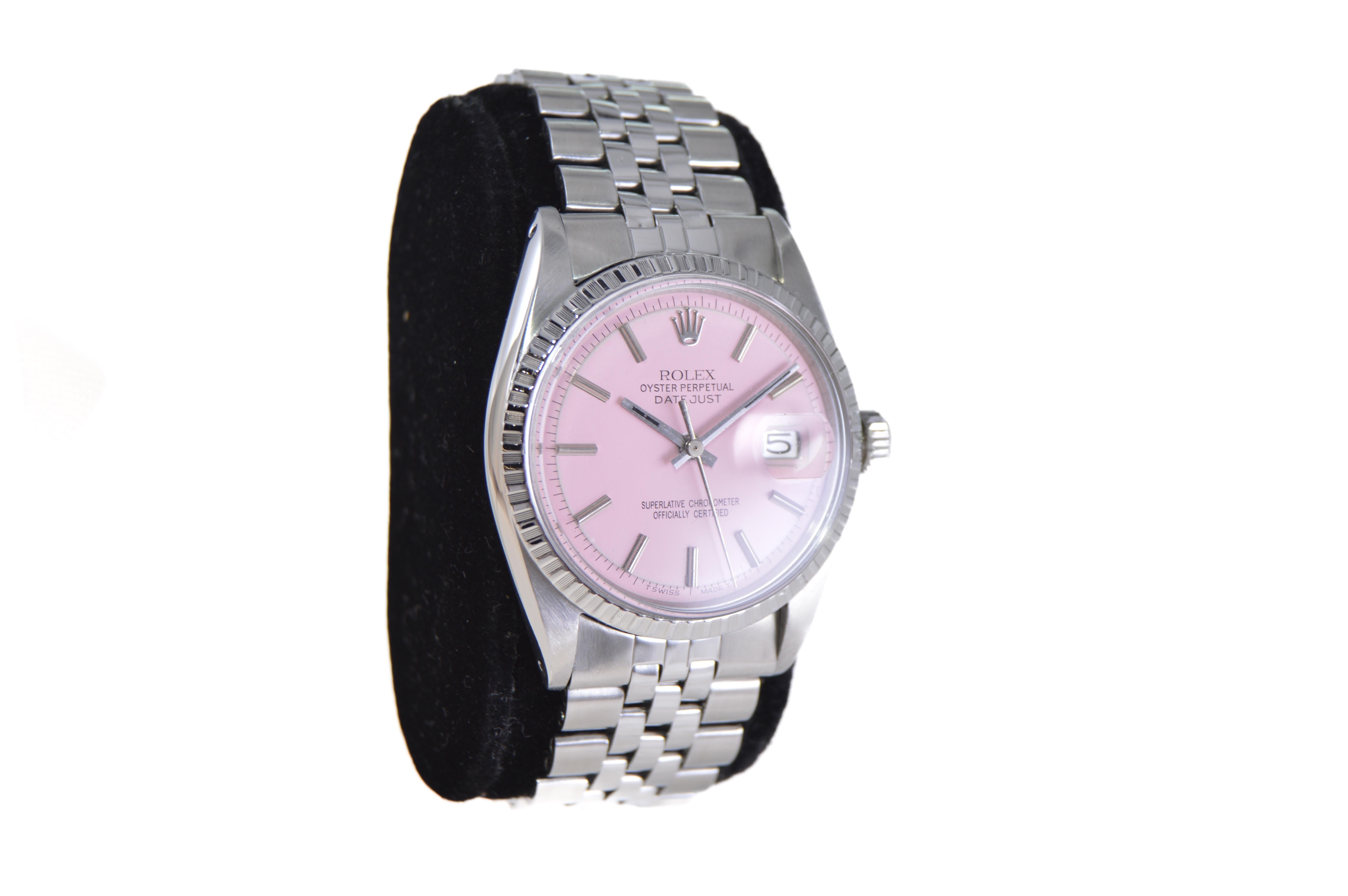 FACTORY / HOUSE: Rolex Watch Company
STYLE / REFERENCE: Oyster Perpetual Datejust / Reference 1603
METAL / MATERIAL: Stainless Steel
CIRCA / YEAR: 1970's
DIMENSIONS / SIZE: Length 44mm X Diameter 36mm
MOVEMENT / CALIBER: Perpetual Winding / 26