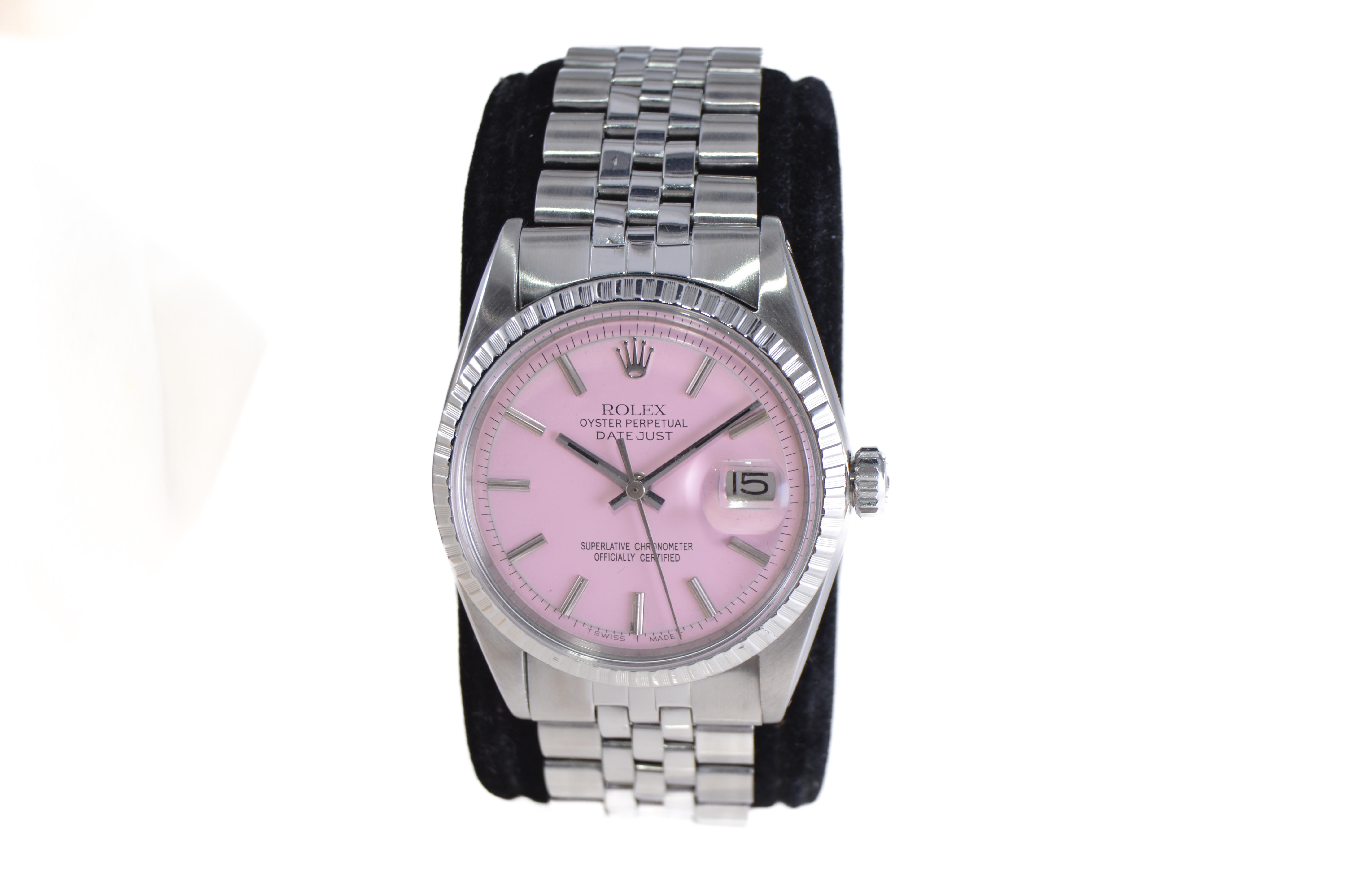 Moderne Rolex Montre Datejust en acier avec cadran rose fini sur-mesure, années 1970 en vente