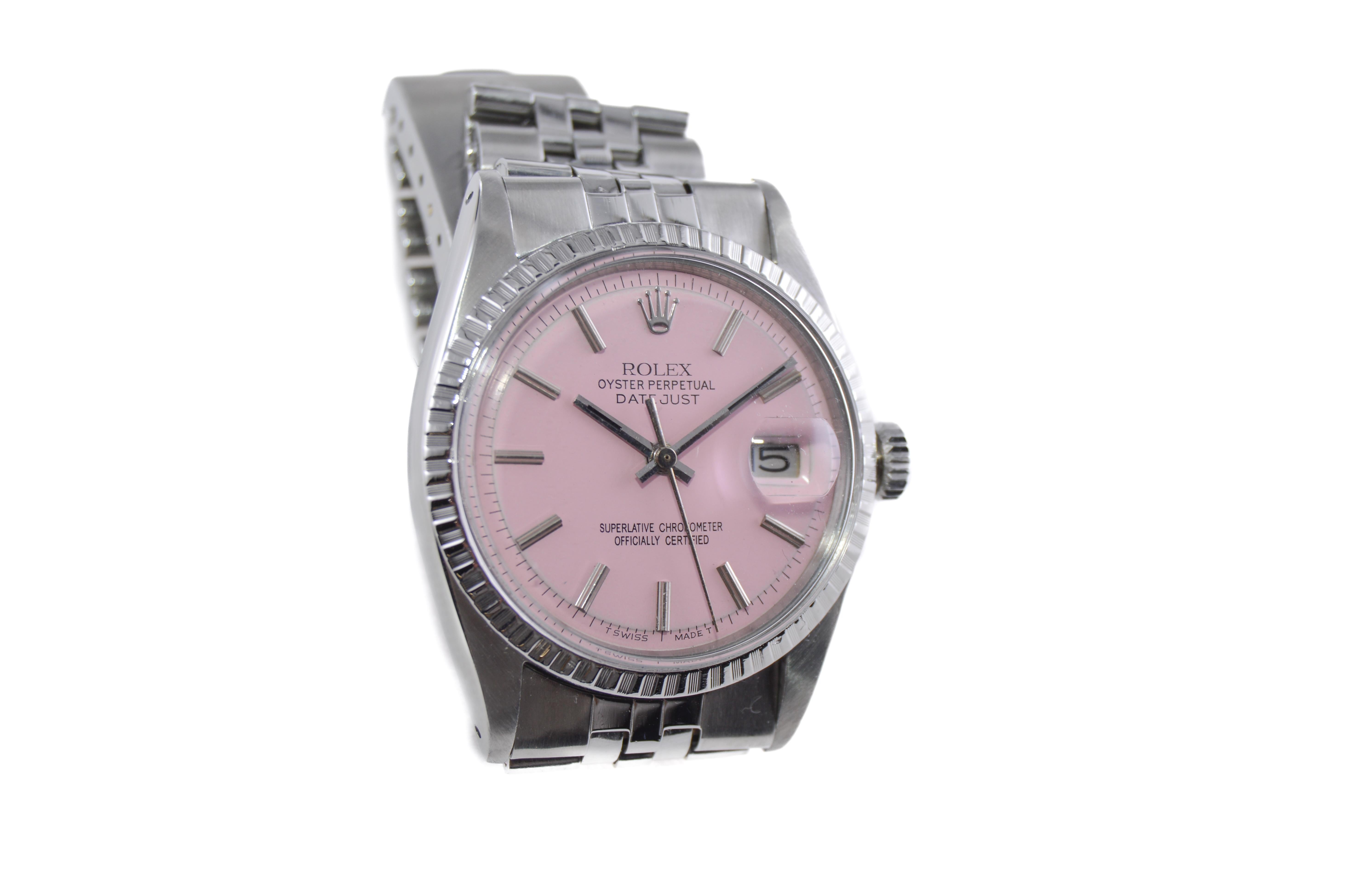 Rolex Montre Datejust en acier avec cadran rose fini sur-mesure, années 1970 en vente 1