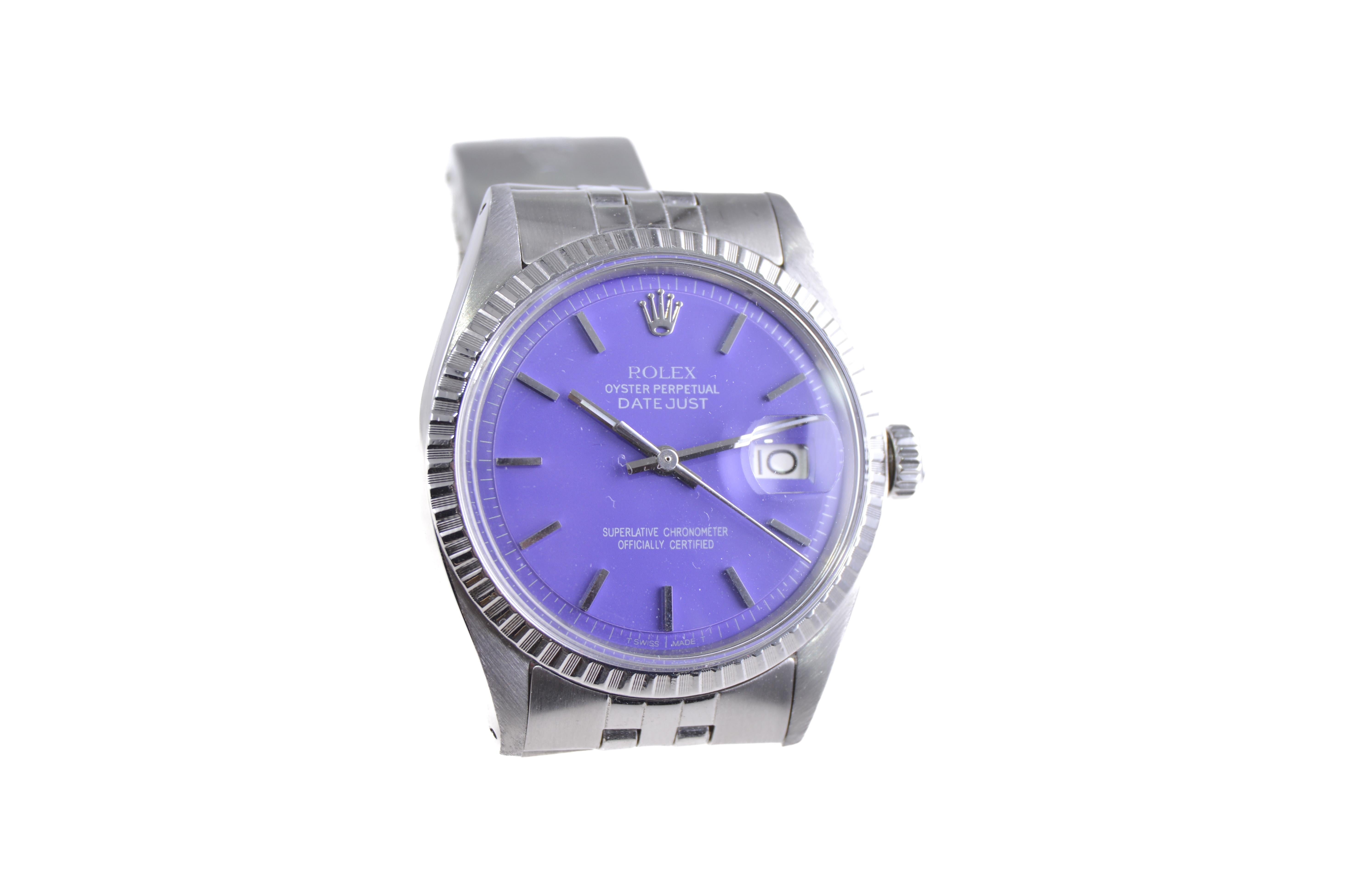 Rolex Steel Datejust with Custom Finished Purple Dial 1960s In Excellent Condition For Sale In Long Beach, CA