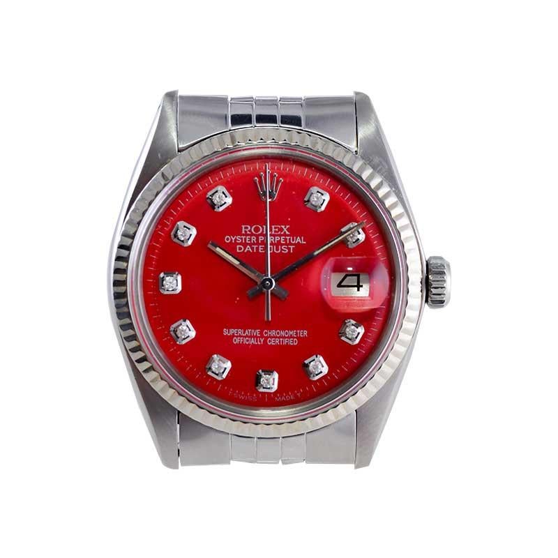 Rolex Montre Datejust en acier avec cadran rouge personnalisé et index en diamants, années 1970 en vente 3