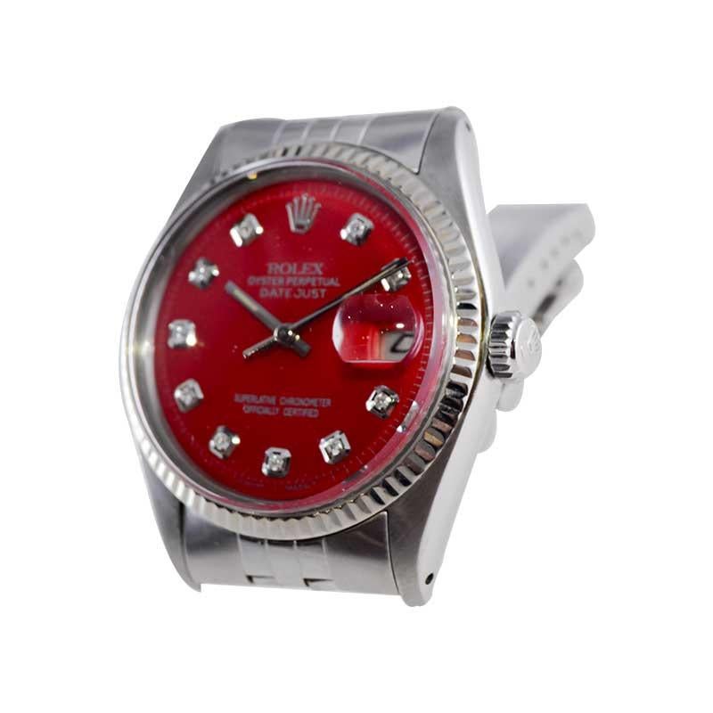Rolex Steel Datejust with Custom Red Dial and Diamond Markers 1970's For Sale 2