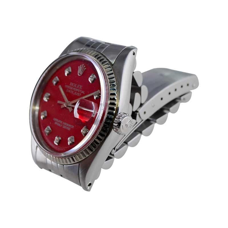 Rolex Steel Datejust with Custom Red Dial and Diamond Markers 1970's For Sale 3