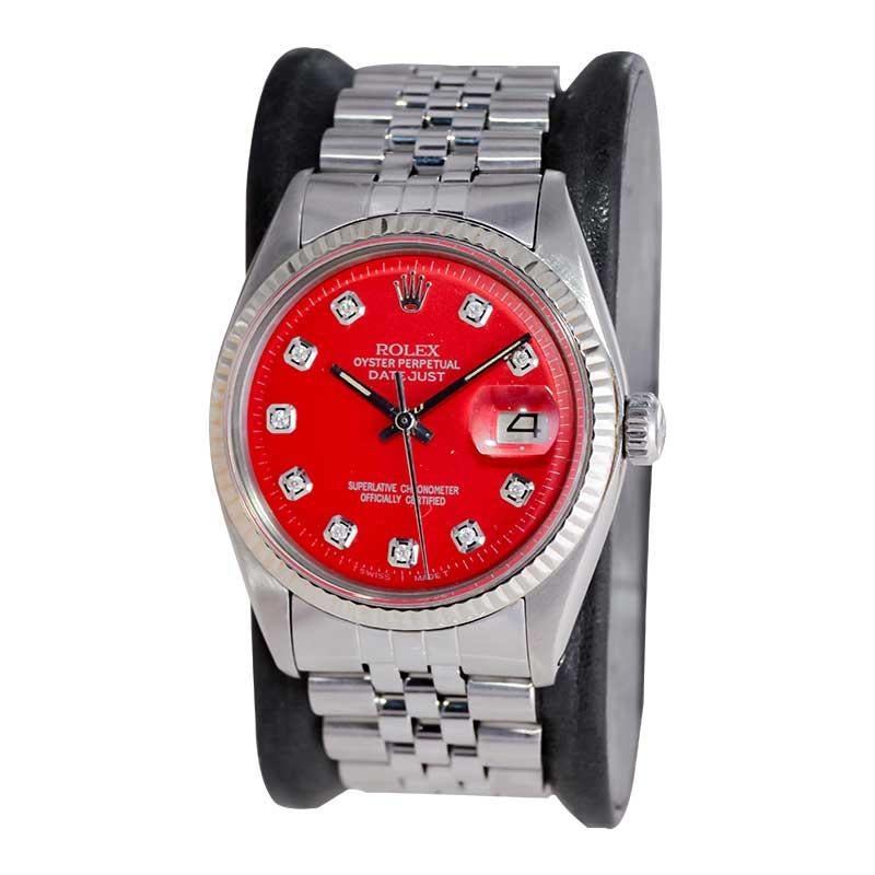 Modern Rolex Steel Datejust with Custom Red Dial and Diamond Markers 1970's For Sale