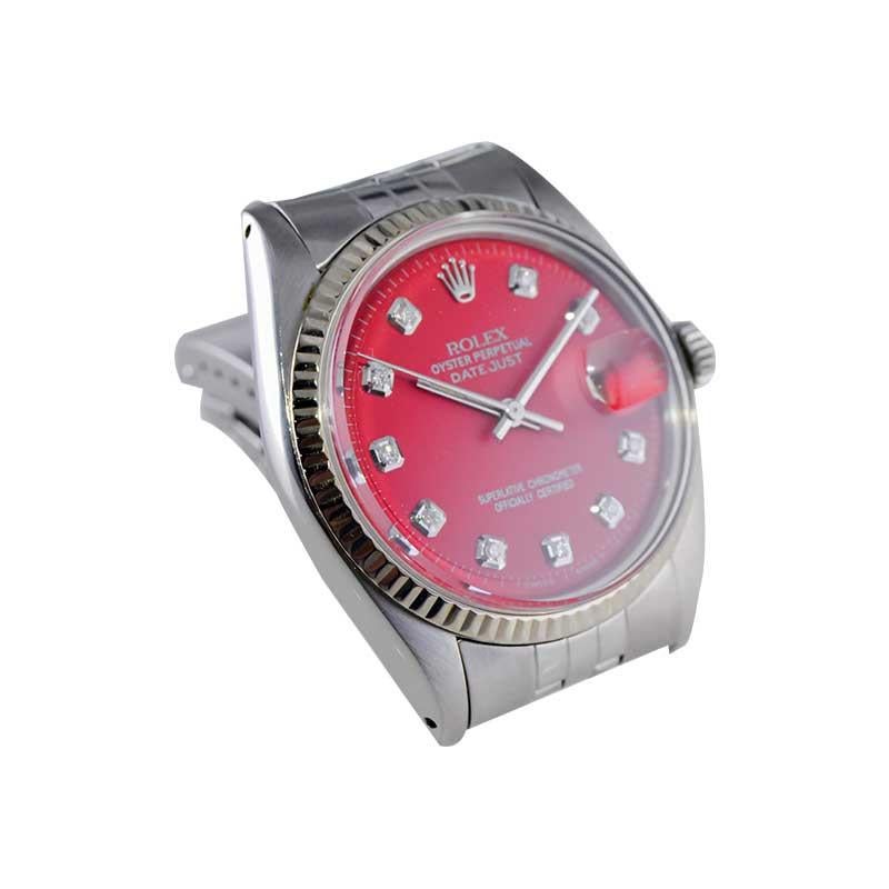 Women's or Men's Rolex Steel Datejust with Custom Red Dial and Diamond Markers 1970's For Sale
