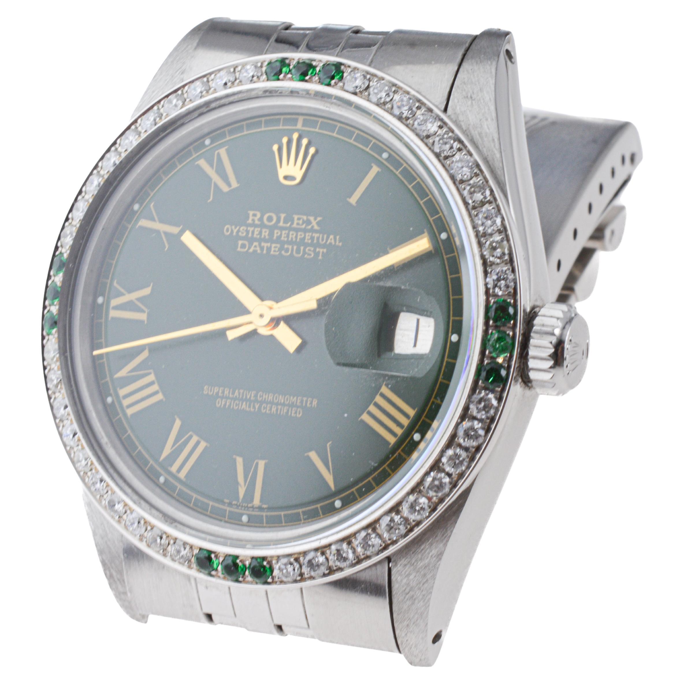 Rolex Datejust in acciaio con quadrante verde personalizzato e lunetta di diamanti circa, anni '70 in vendita 5