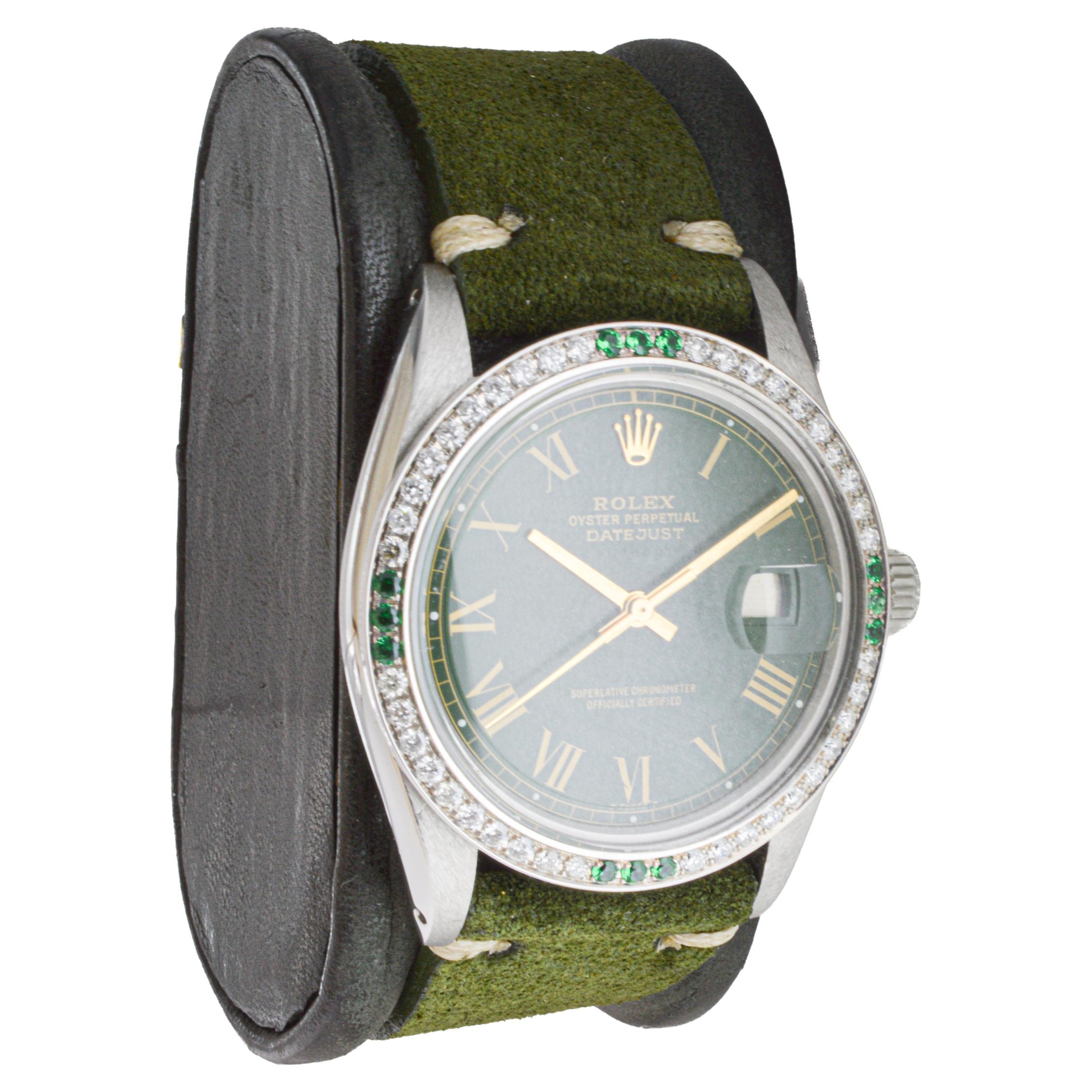 Modern Rolex Steel Datejust with Custom Green Dial and Diamond Bezel circa, 1970's For Sale