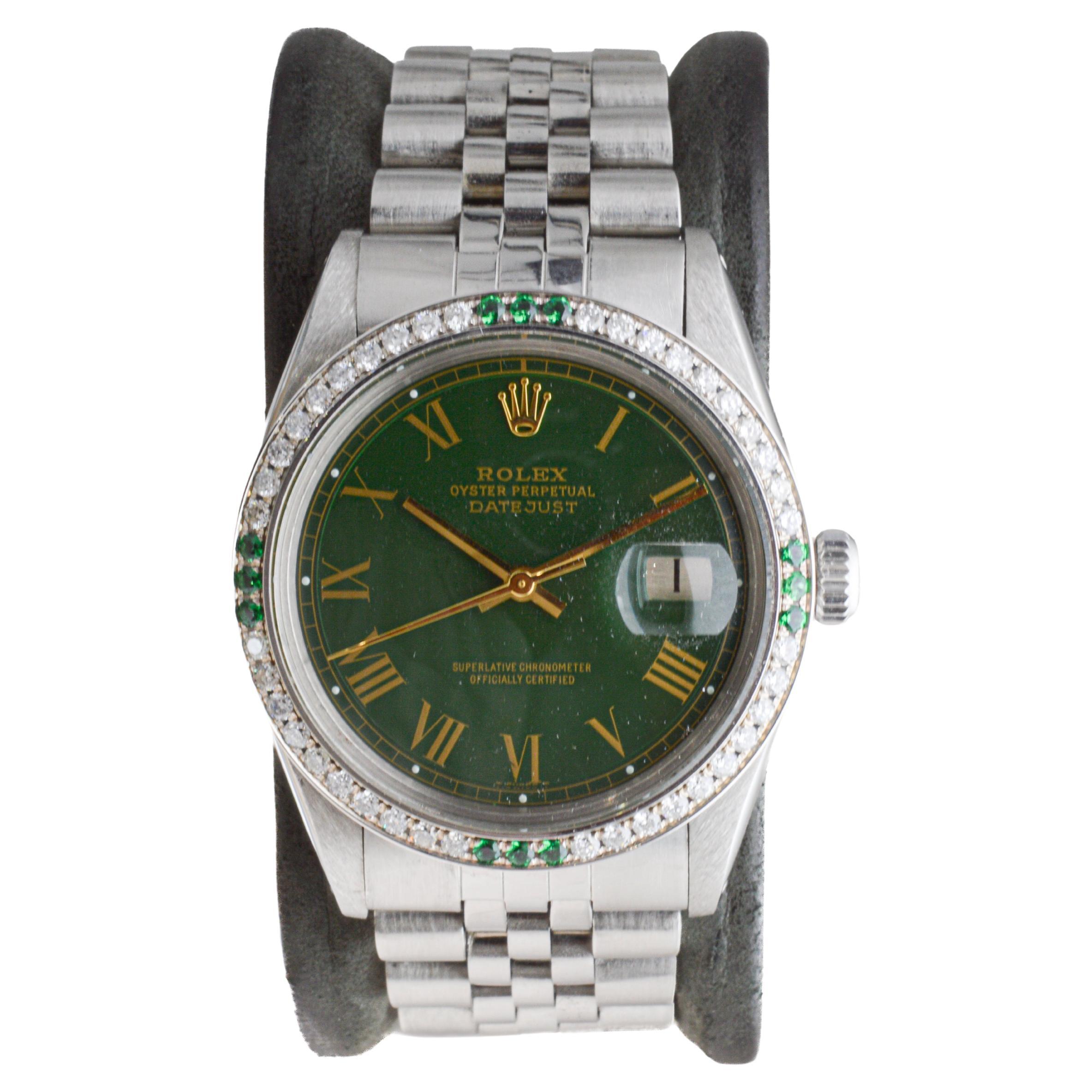 da uomo o donna Rolex Datejust in acciaio con quadrante verde personalizzato e lunetta di diamanti circa, anni '70 in vendita