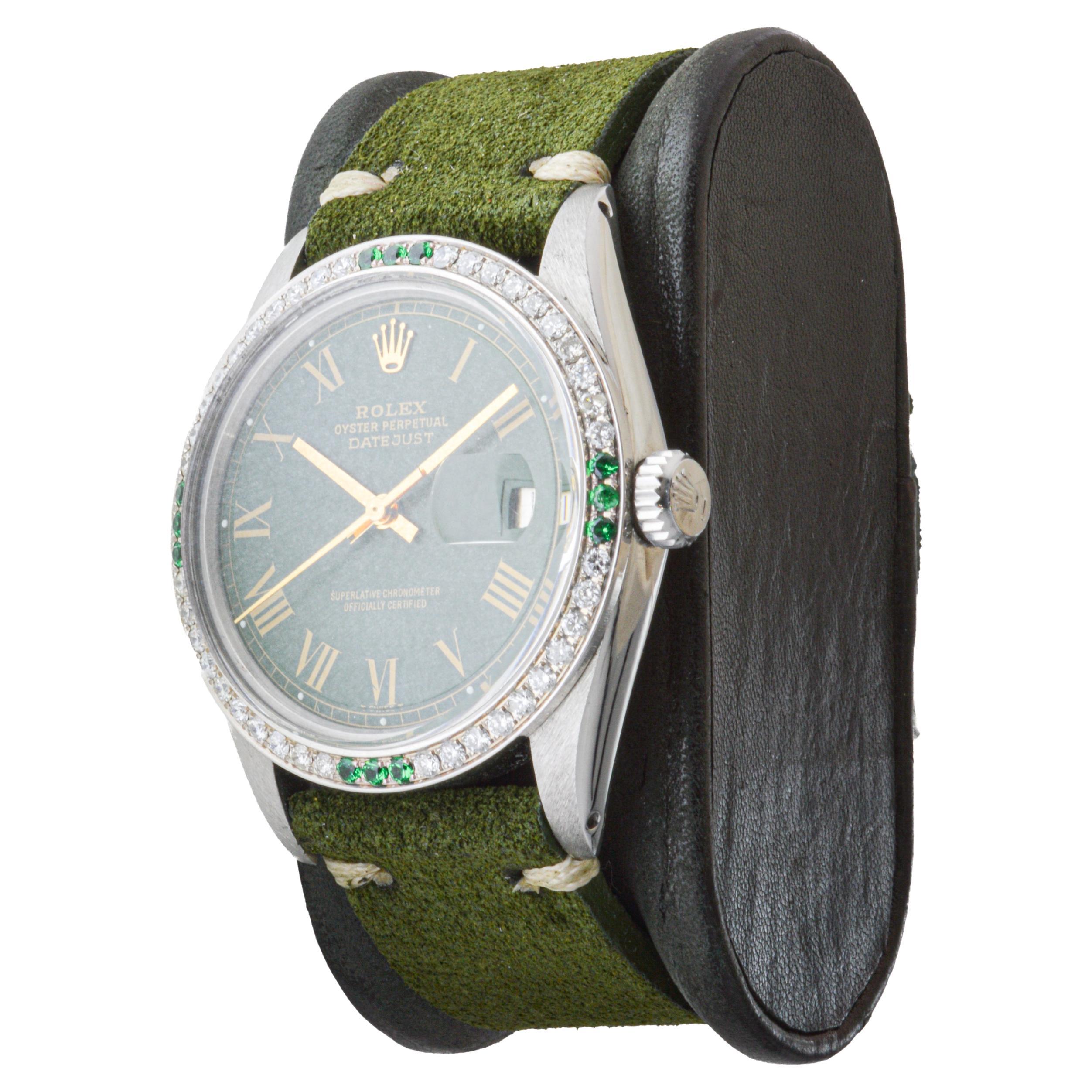 Women's or Men's Rolex Steel Datejust with Custom Green Dial and Diamond Bezel circa, 1970's For Sale
