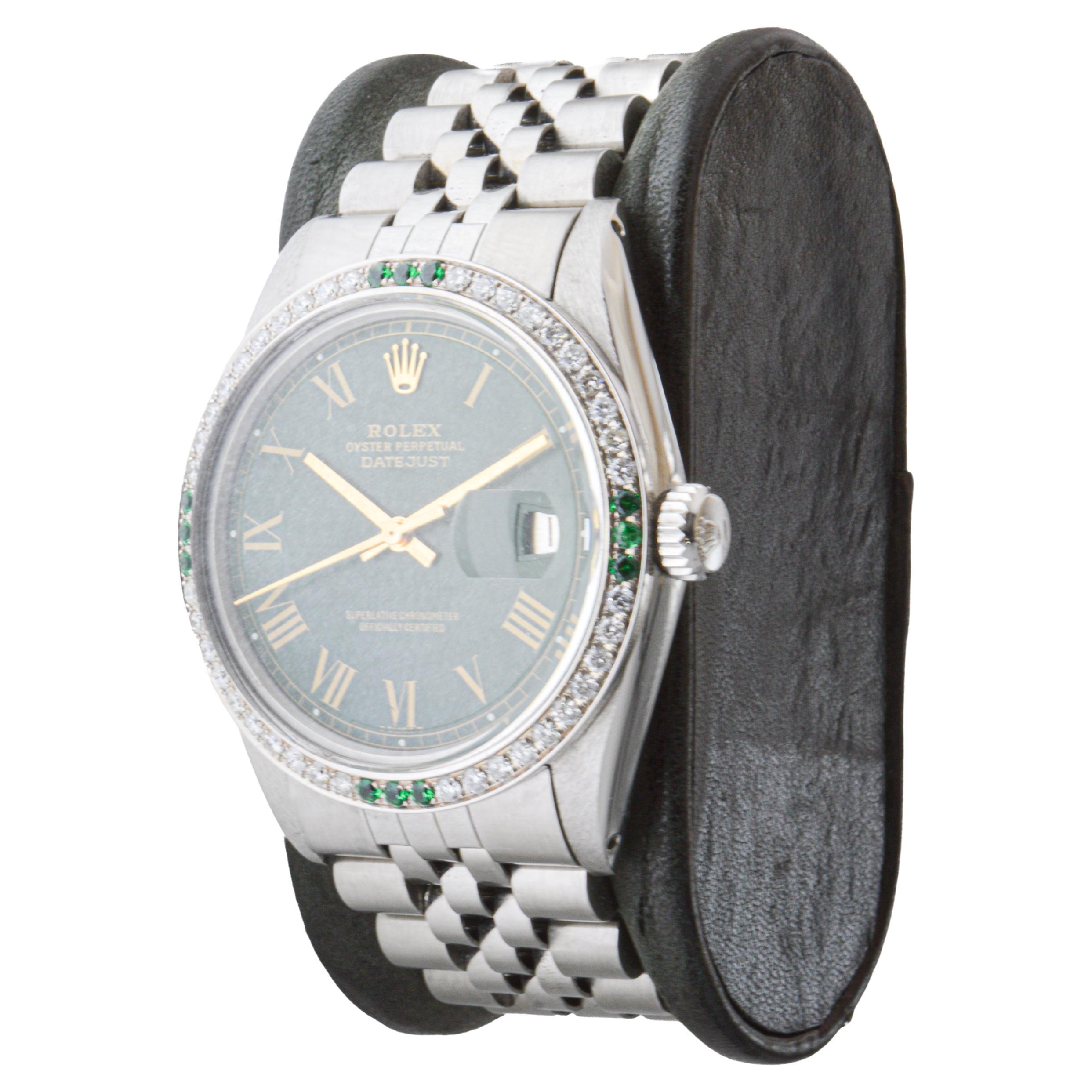 Rolex Datejust in acciaio con quadrante verde personalizzato e lunetta di diamanti circa, anni '70 in vendita 1