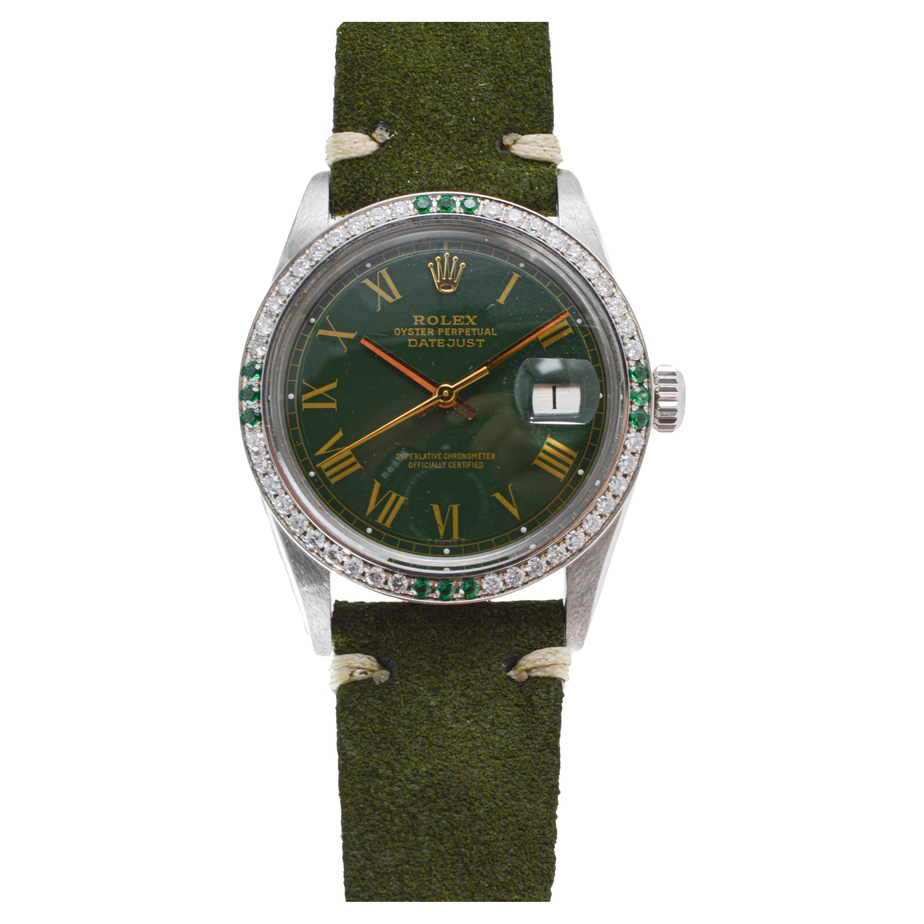 Rolex Steel Datejust with Custom Green Dial and Diamond Bezel circa, 1970's For Sale 1