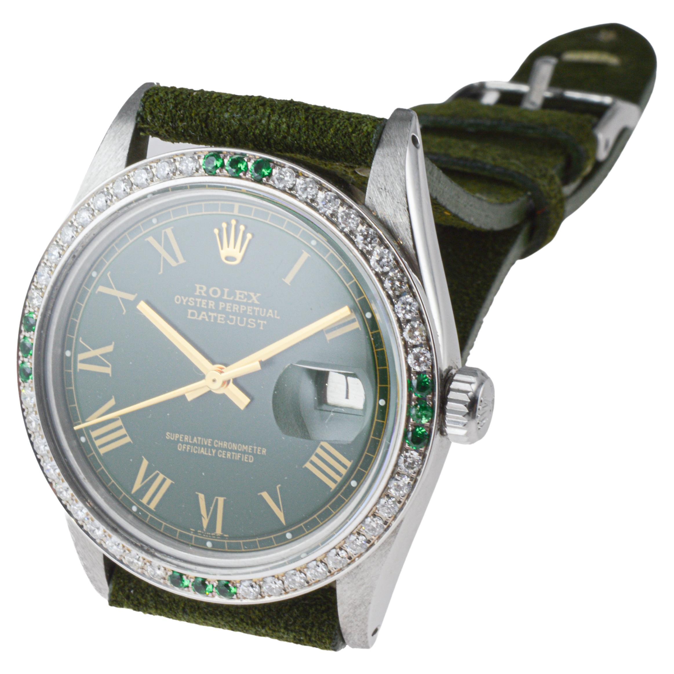 Rolex Steel Datejust with Custom Green Dial and Diamond Bezel circa, 1970's For Sale 3