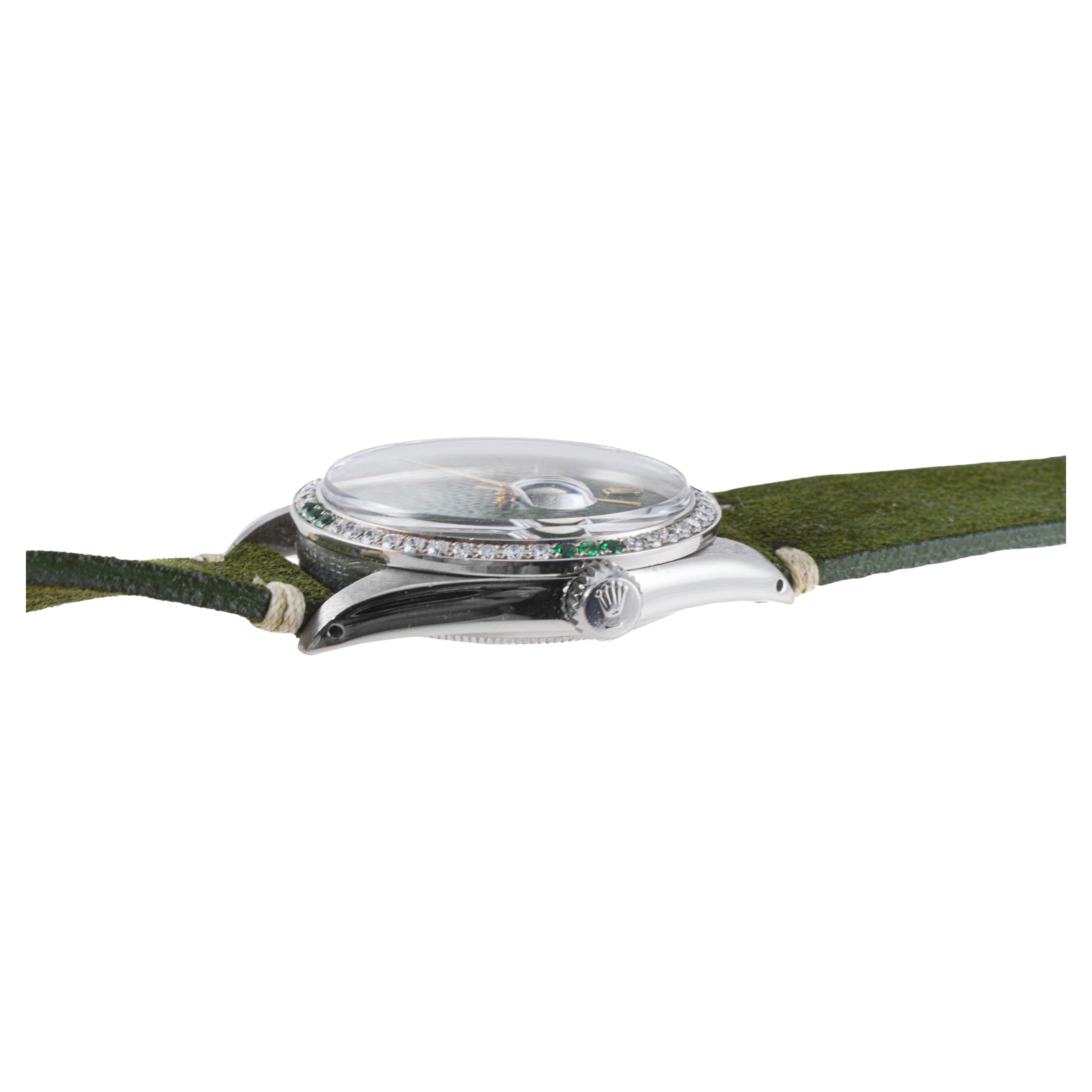 Rolex Steel Datejust with Custom Green Dial and Diamond Bezel circa, 1970's For Sale 4